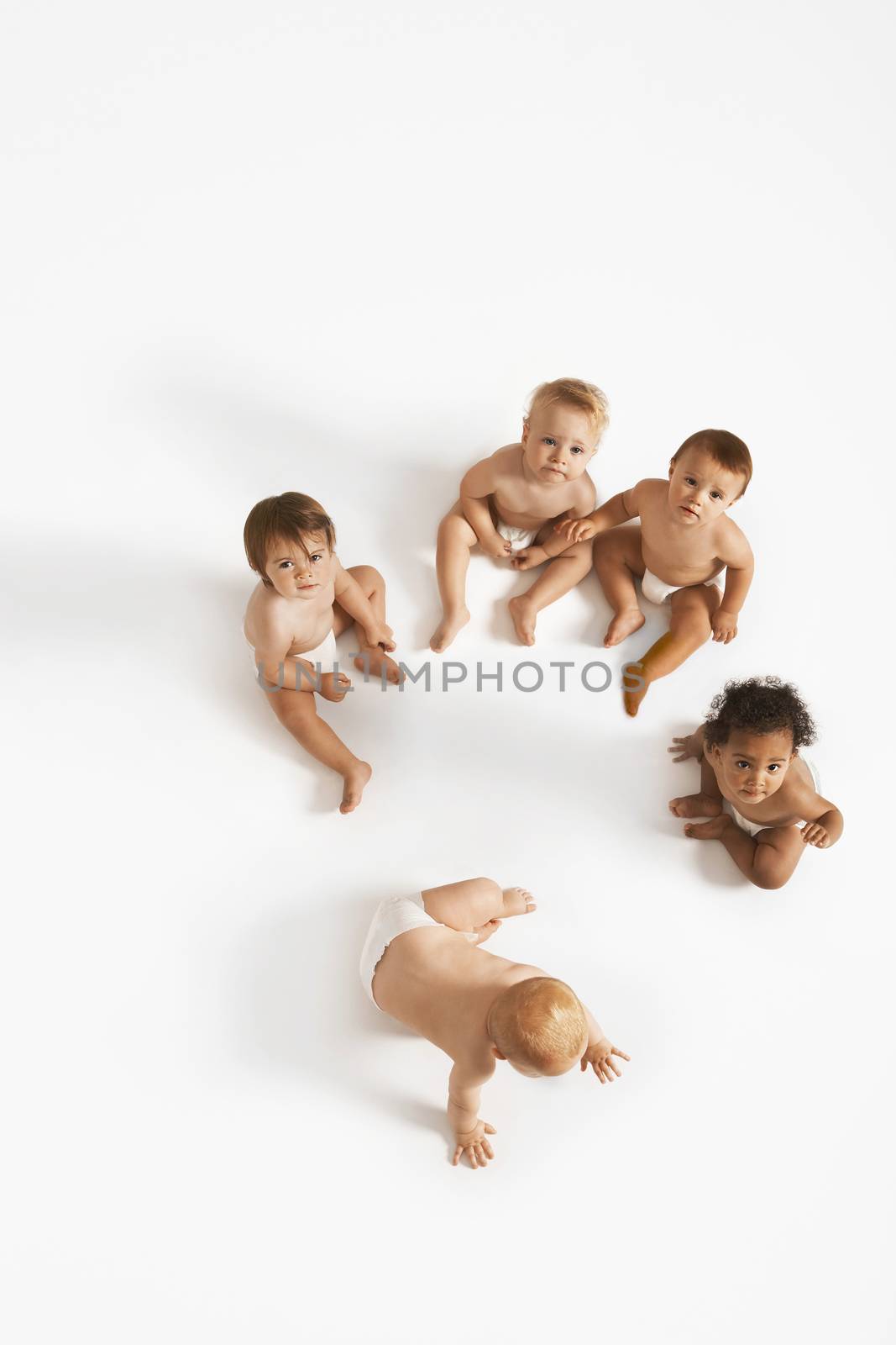 High angle portrait of multiethnic babies on white background by moodboard