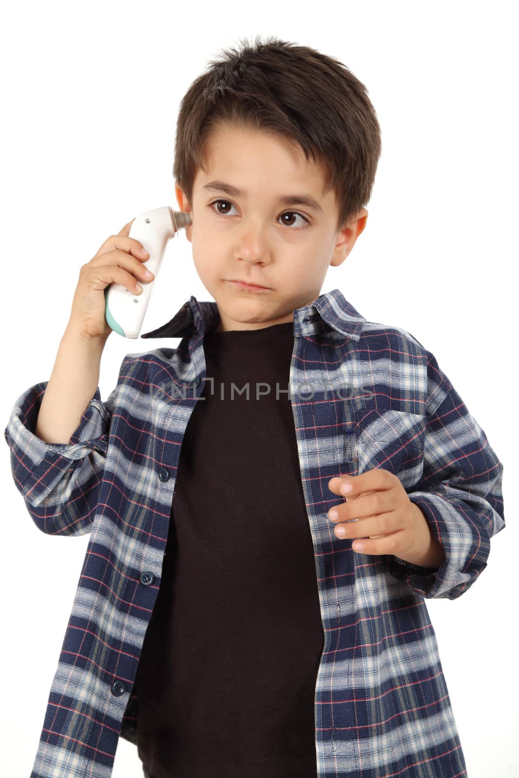 Male child check fever with electronic thermometer