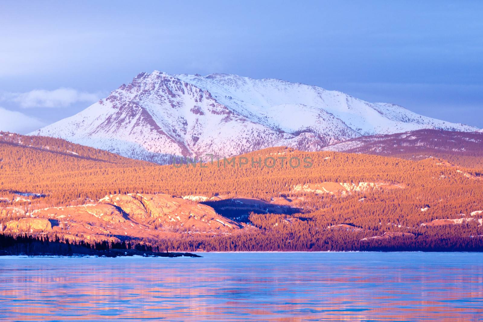 Warm evening light on snow-covered Mount Laurier on the eastern shore of frozen Lake Laberge Yukon Territory Canada