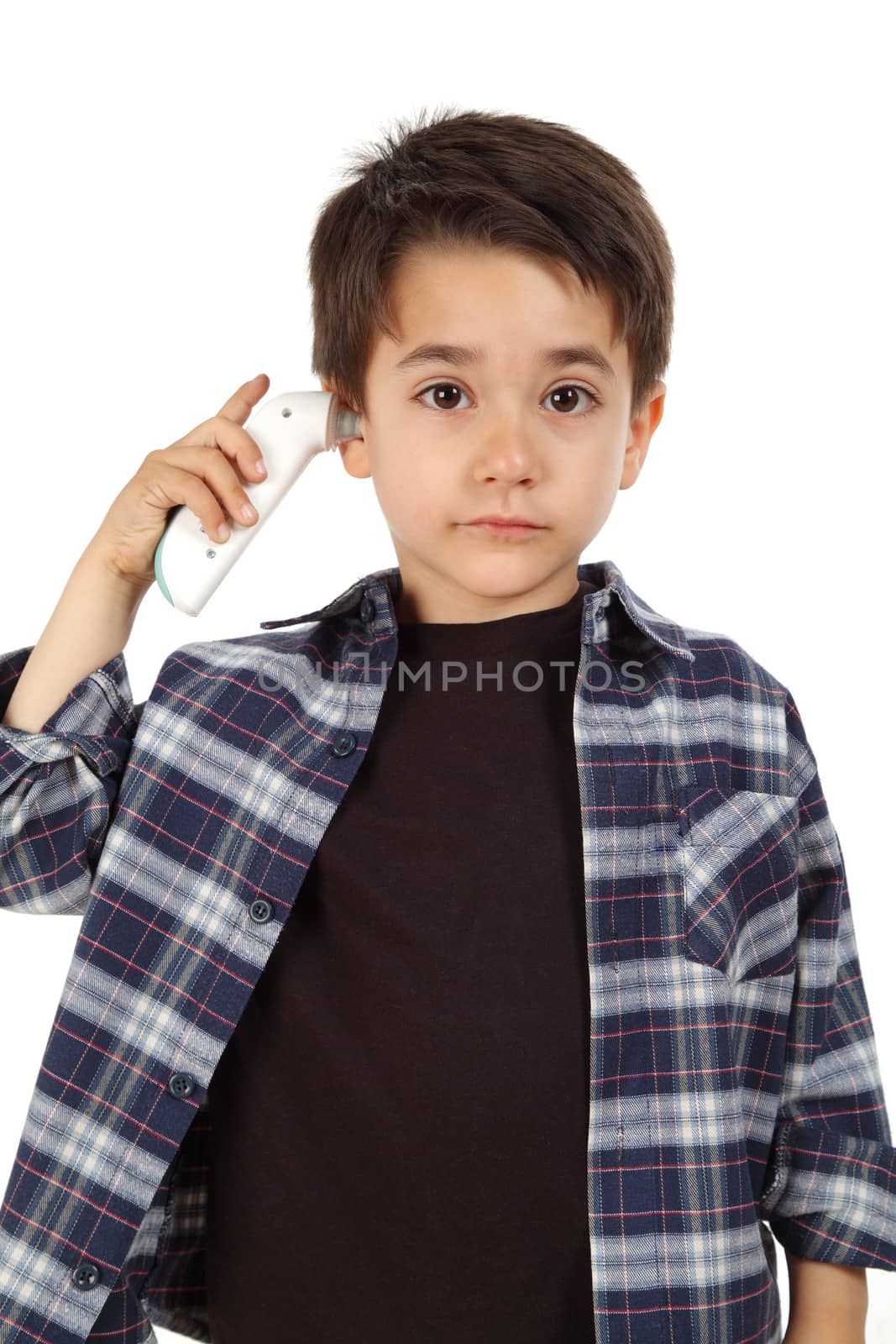 Male child check fever with electronic thermometer