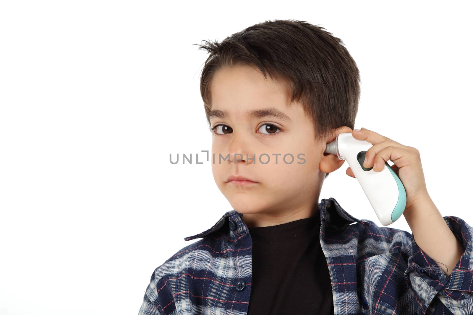 Male child check fever with electronic thermometer