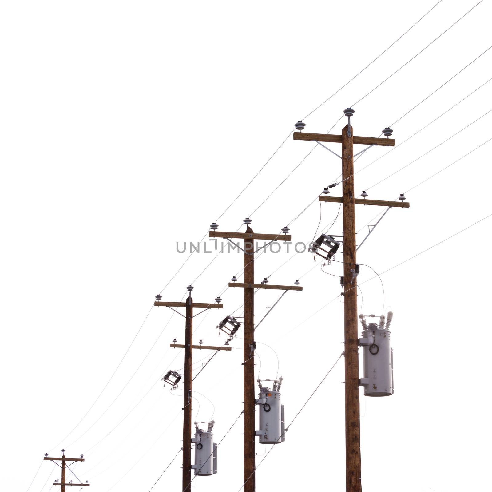 Row utility poles hung with electricity power cables and transformers for residential electric power supply isolated on white background