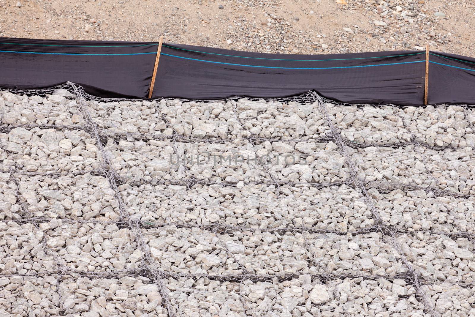 Gravel and wire mesh used in bank revetment to control river bank erosion protection