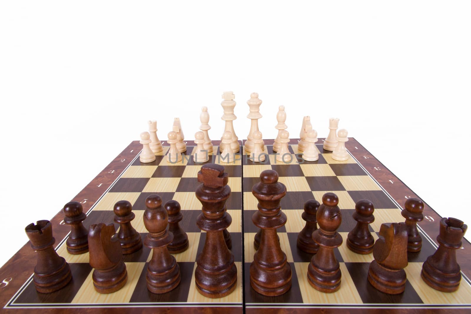 Chess board with with chess pieces in a row, starting position, wide angle, isolated on white background.