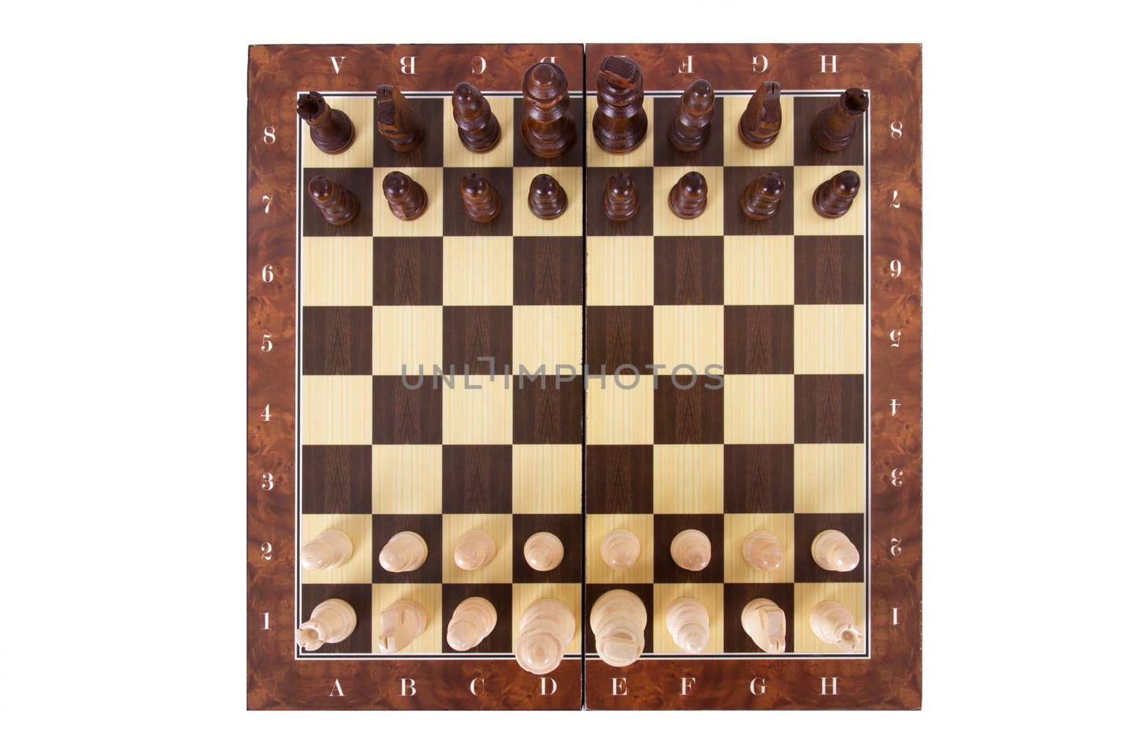 Chess board with starting positions aligned chess pieces, top view, isolated on white background.