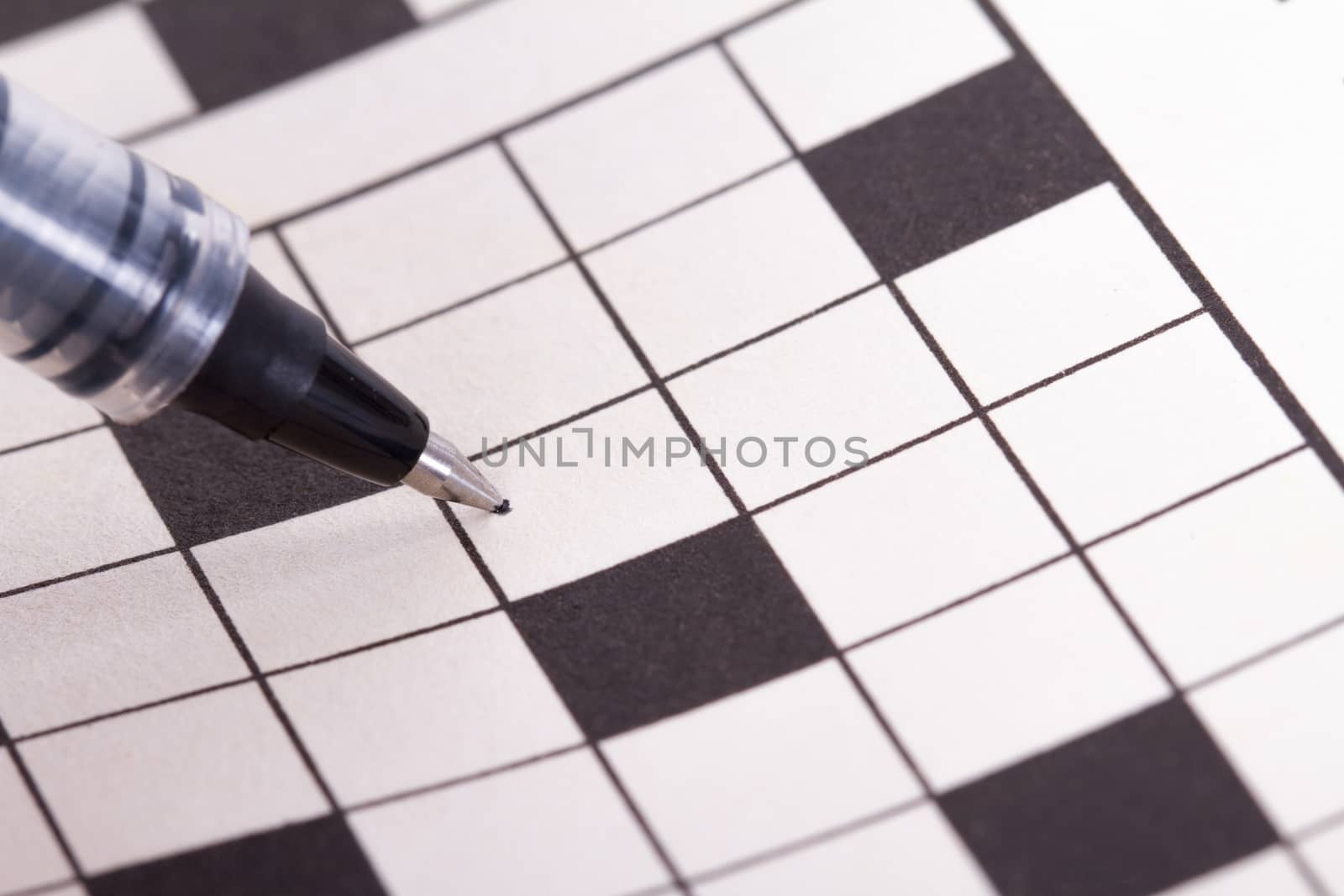 Close up of blank square crossword puzzle for solution with black pen.