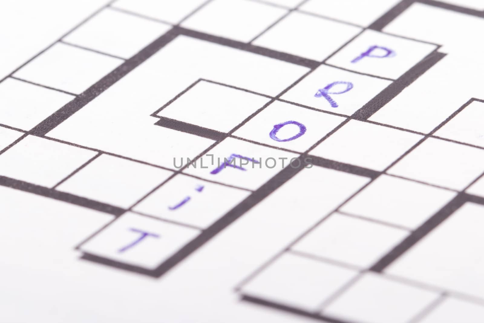 Close up of blank square crossword puzzle and profit text.
