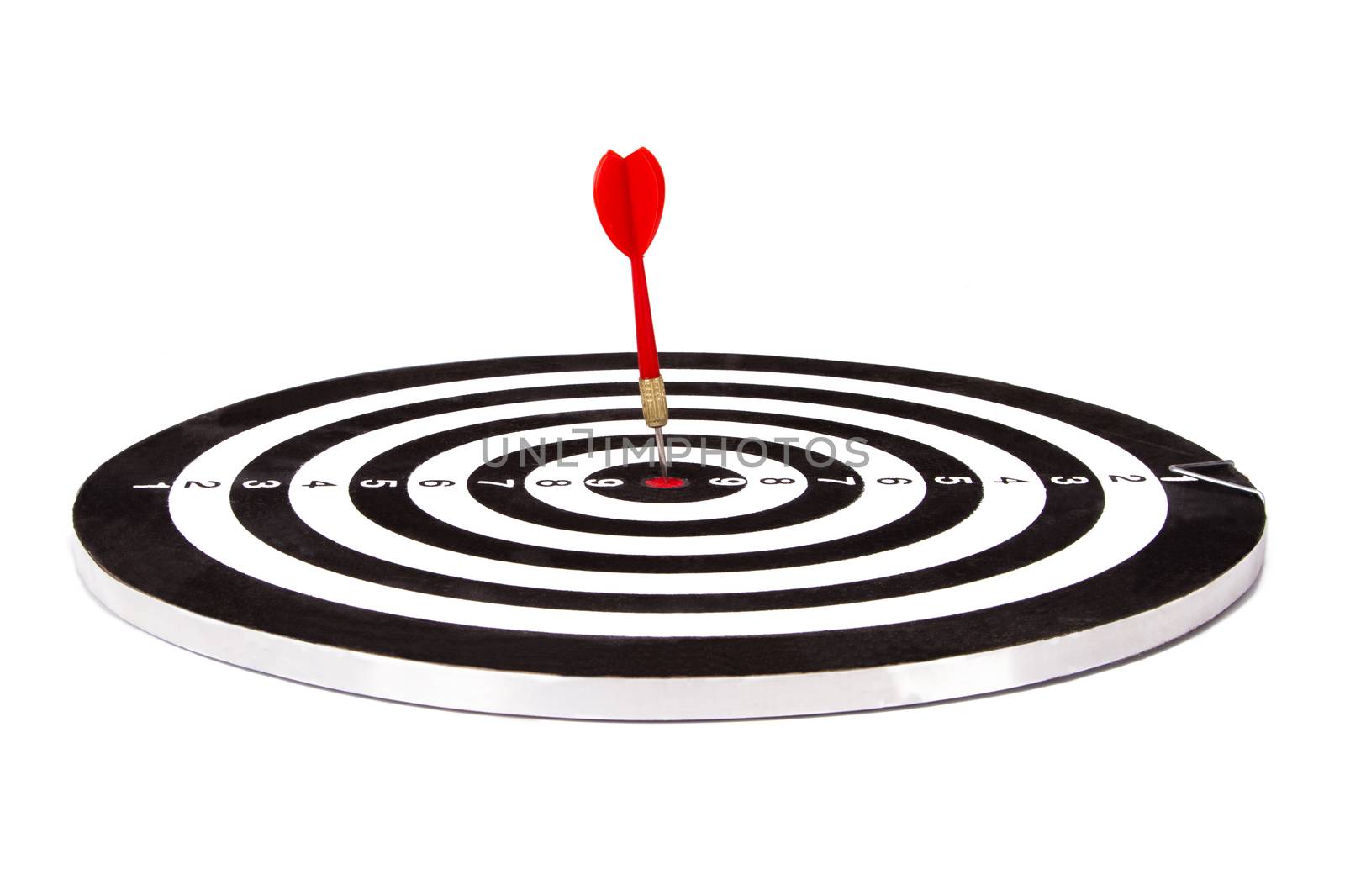 Red arrow and dart board, isolated on white background.
