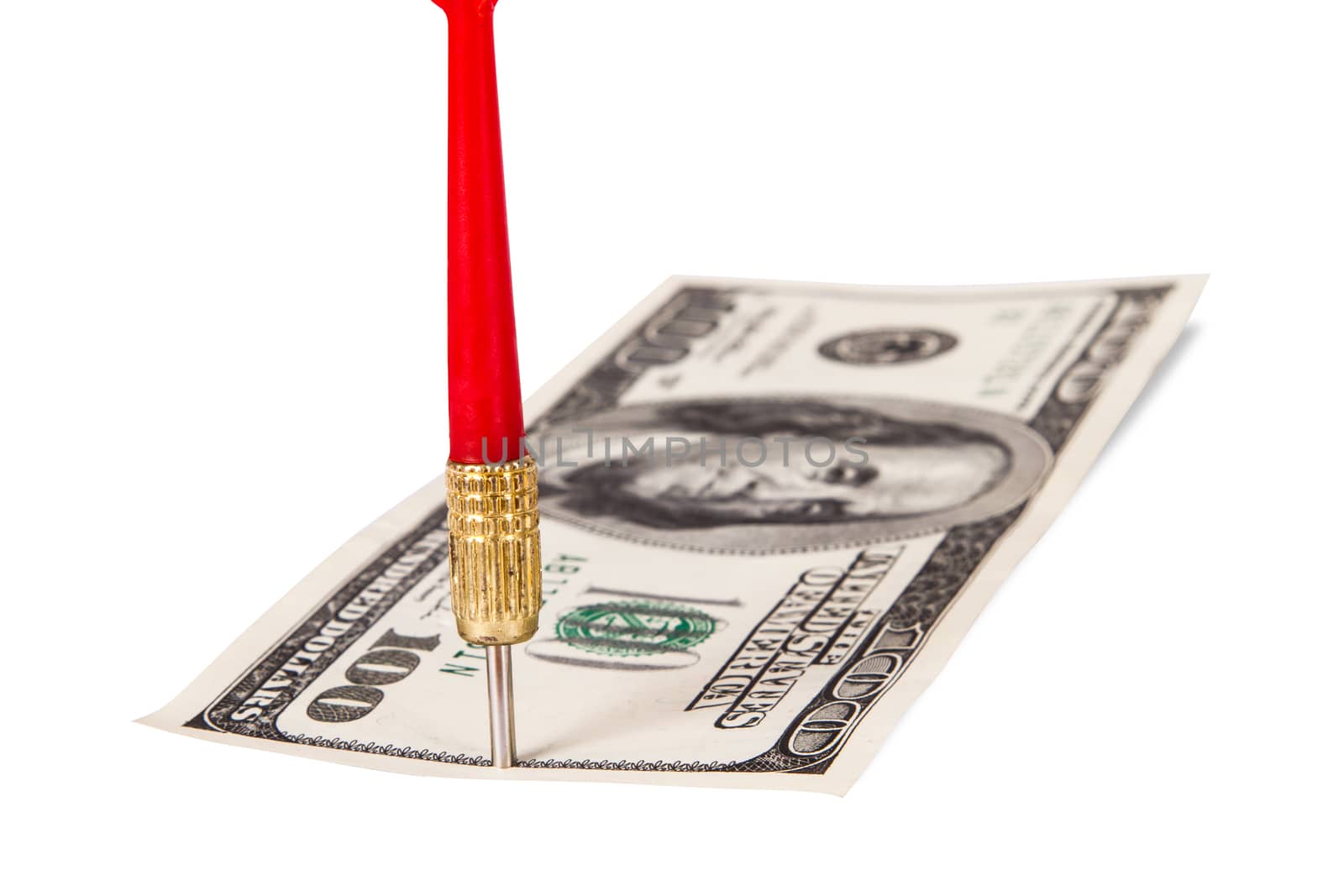 Red, plastic arrow and one hundred dollar bill, isolated on white background.