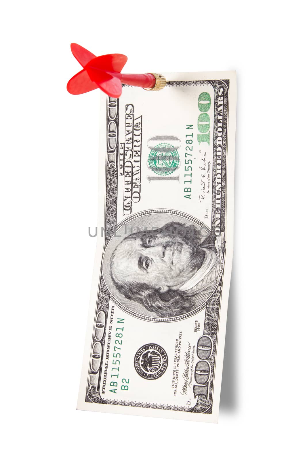 Red, plastic arrow and one hundred dollar bill, isolated on white background.