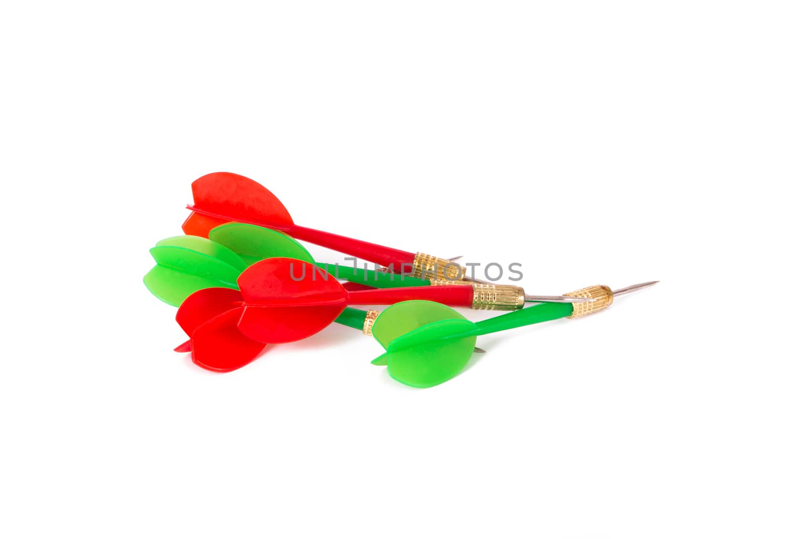 Plastic, green and red dart arrows, isolated on white background.