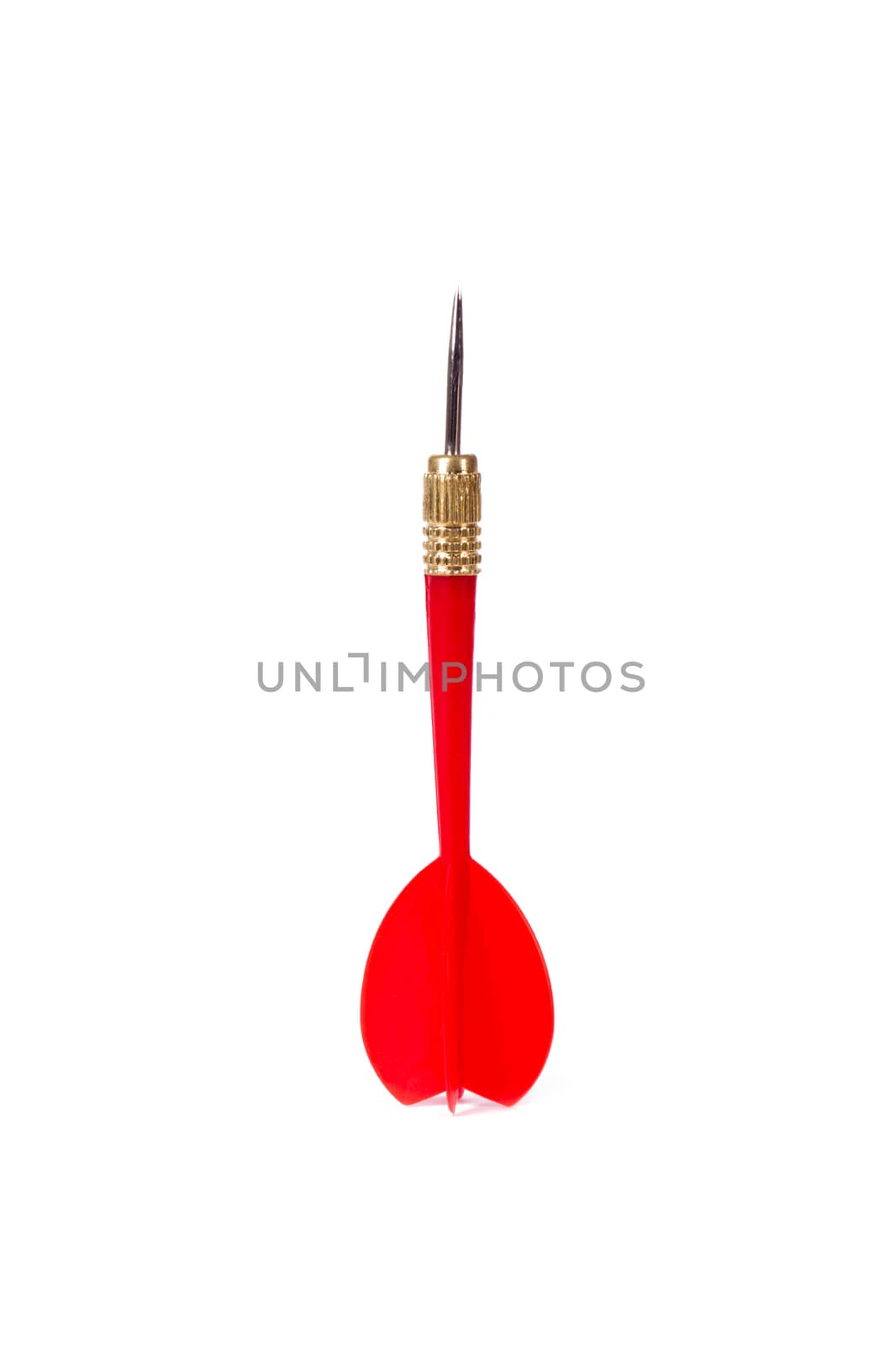Single, red, plastic dart arrow, isolated on white background.