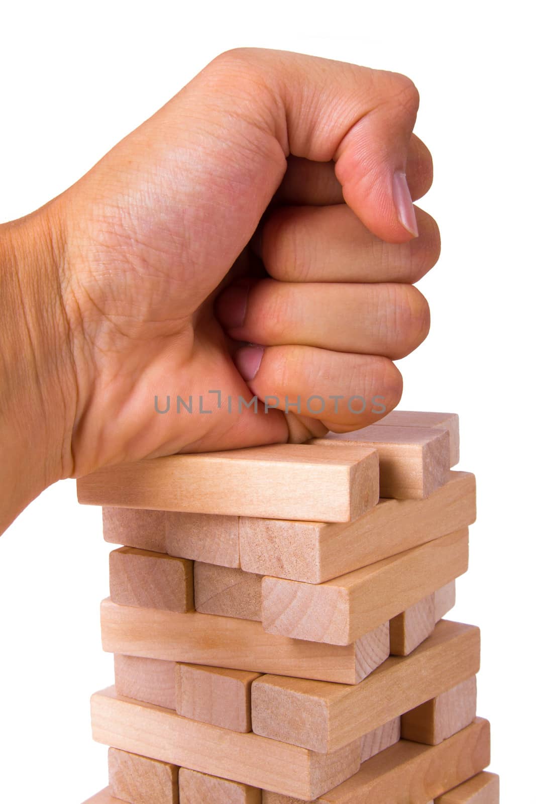 Business concept, blocks of wood with punch, isolated on white background.