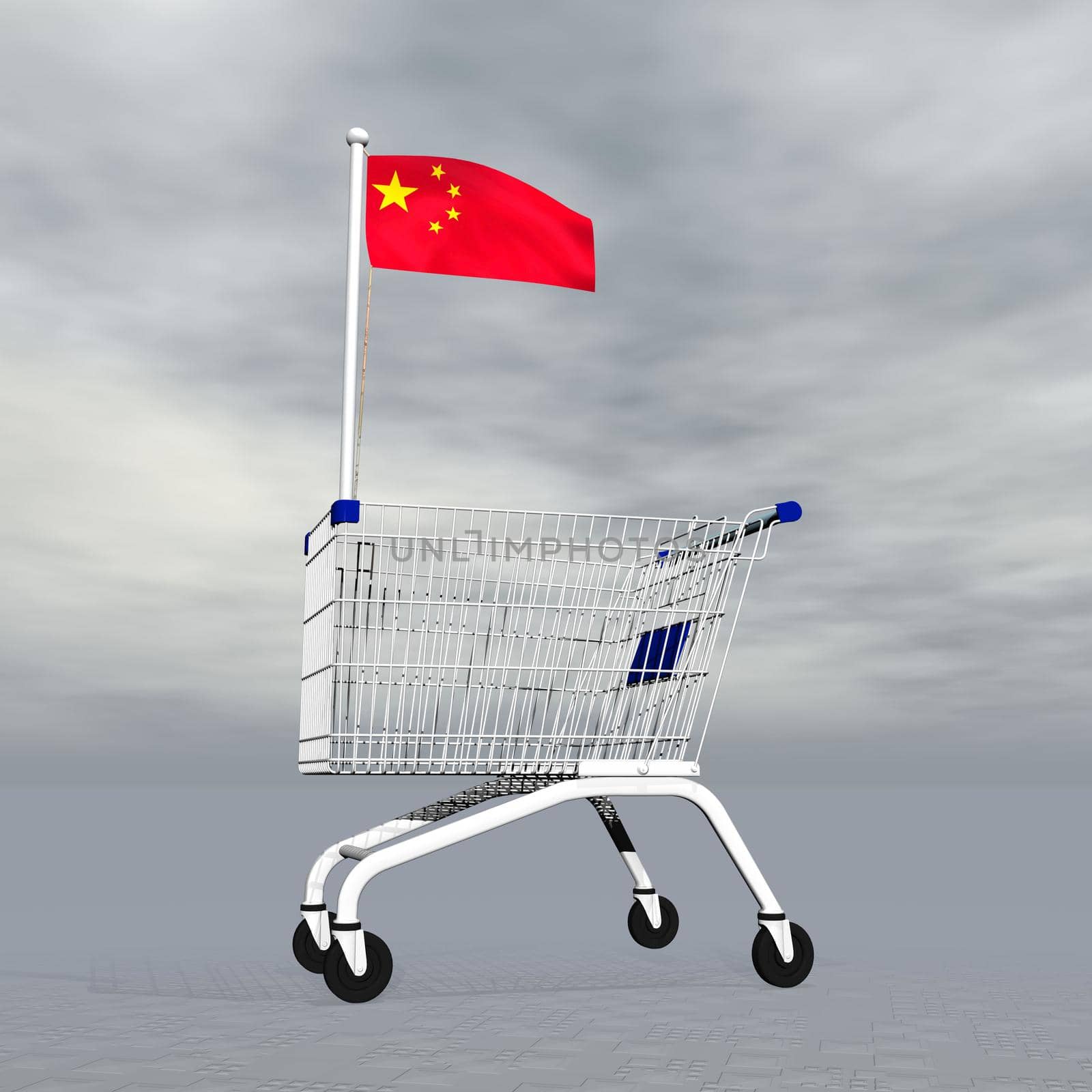 Shopping cart holding chinese flag to symbolize commerce in China into grey cloudy background