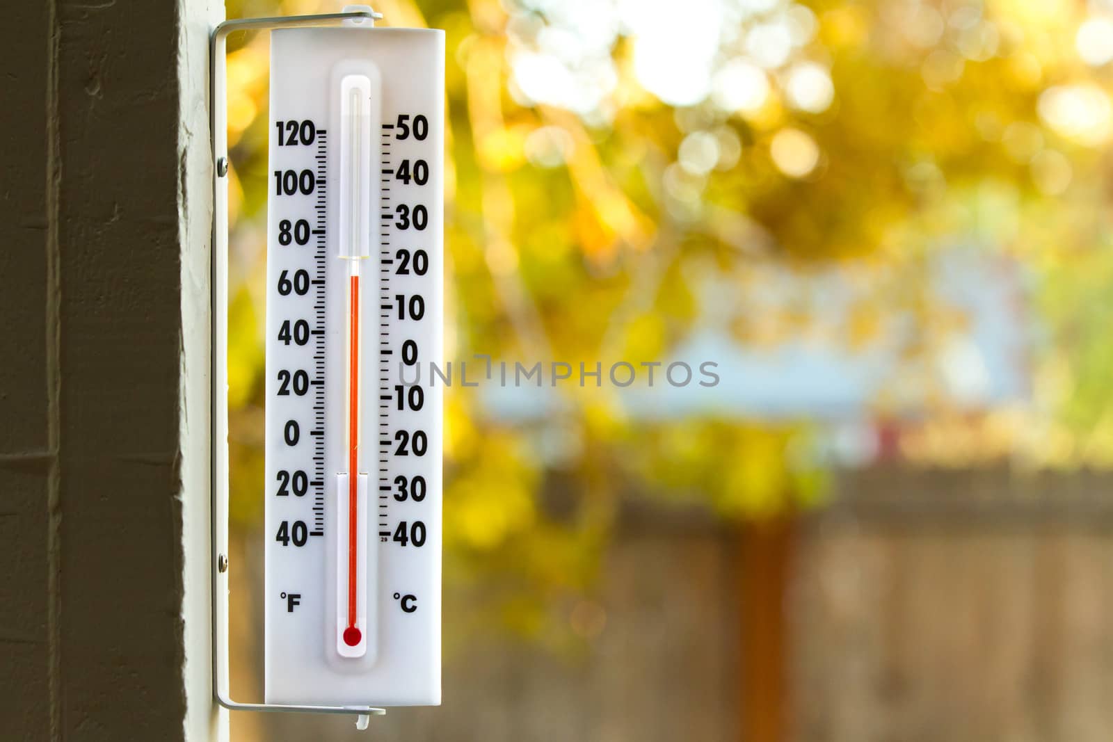 Image of a thermometer with pretty colors of fall in the background