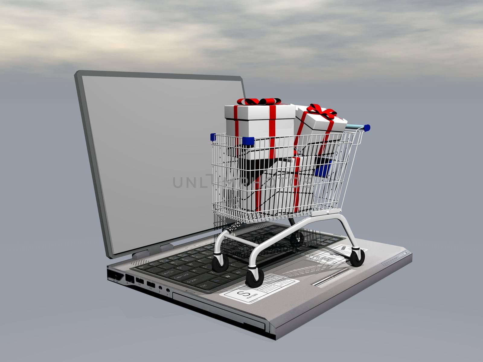 Shopping cart full of gifts on laptop symbolizing e-commerce to offer present in grey cloudy background