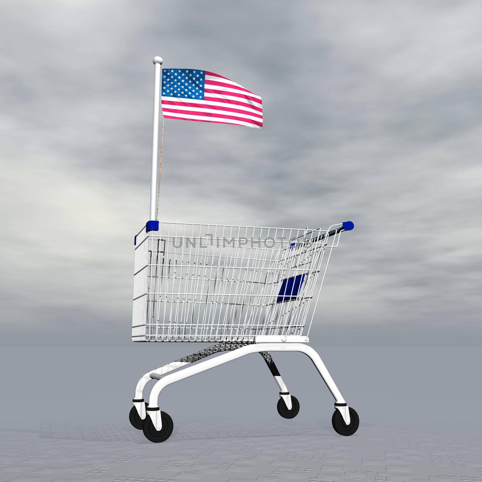Shopping cart holding american flag to symbolize commerce in United States into grey cloudy background