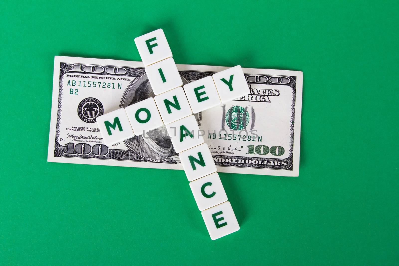 Finance and money words in letters with one hundred dollar bill on green background.