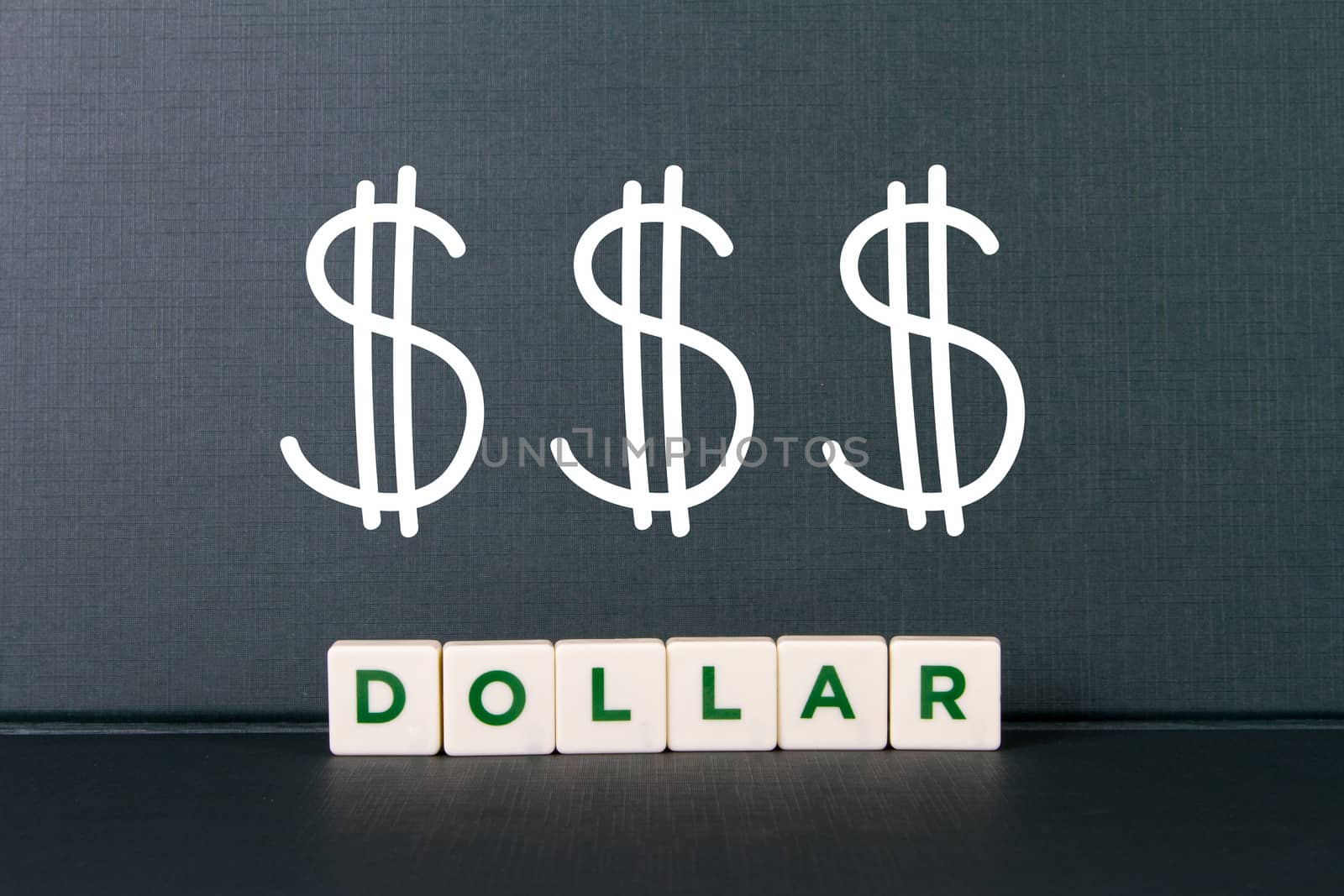 Finance concept, dollar word in letters and financial symbol of dollar.