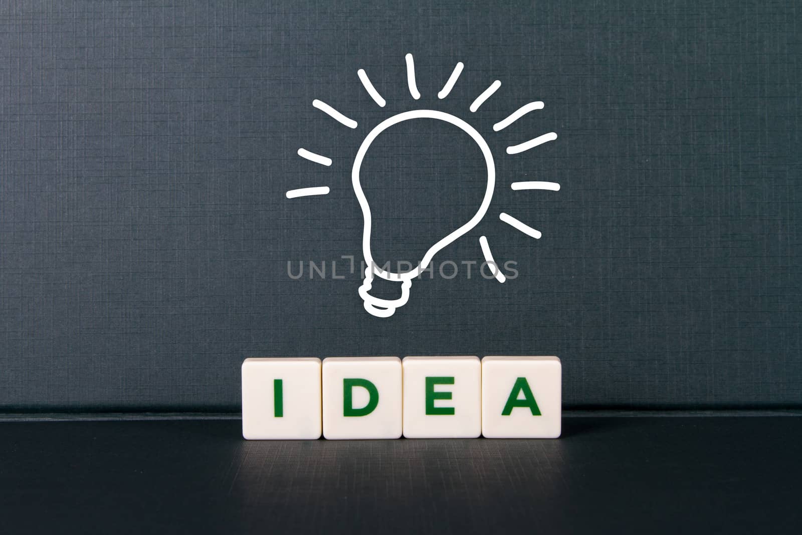 Concept of idea word in letters and sketch of light bulb glowing.