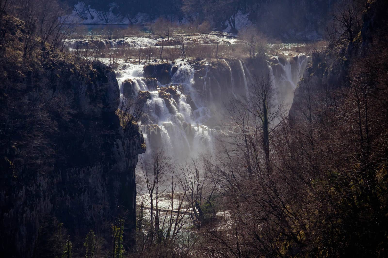 Great waterfall in Plitvice lakes national park canyon, Lika, Croatia