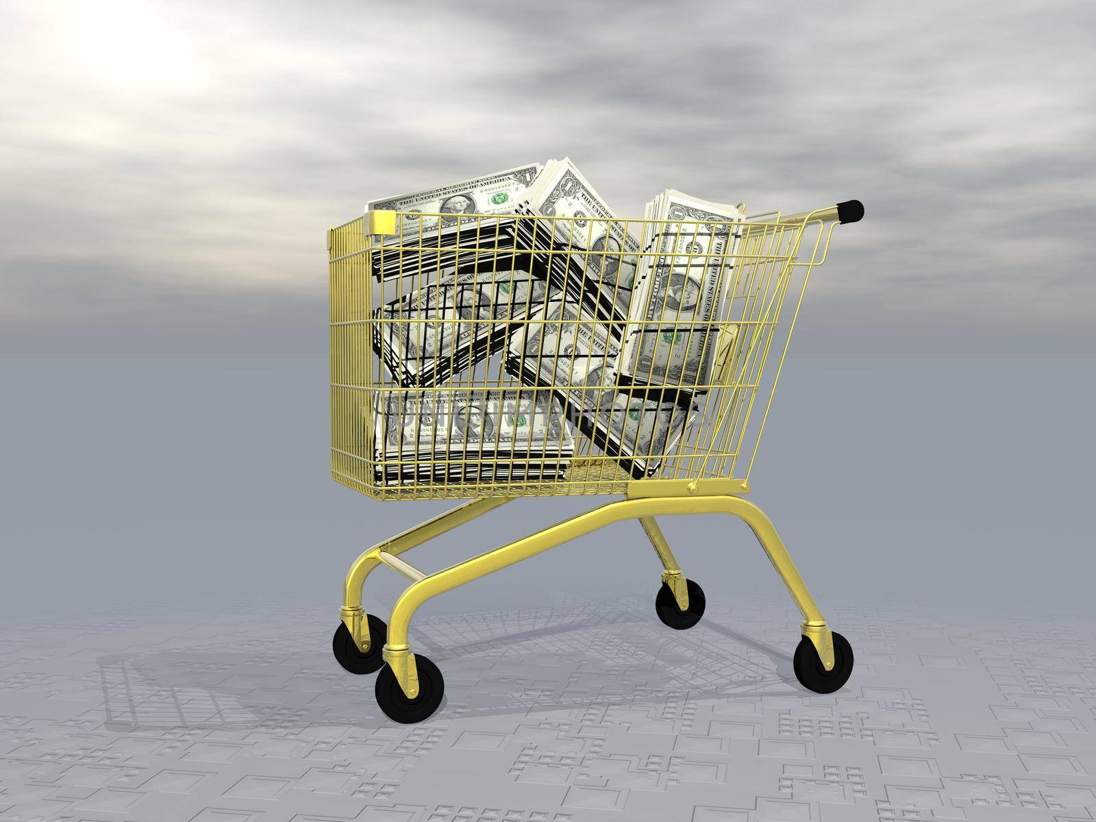 Lots of dollars into golden shopping cart in grey background