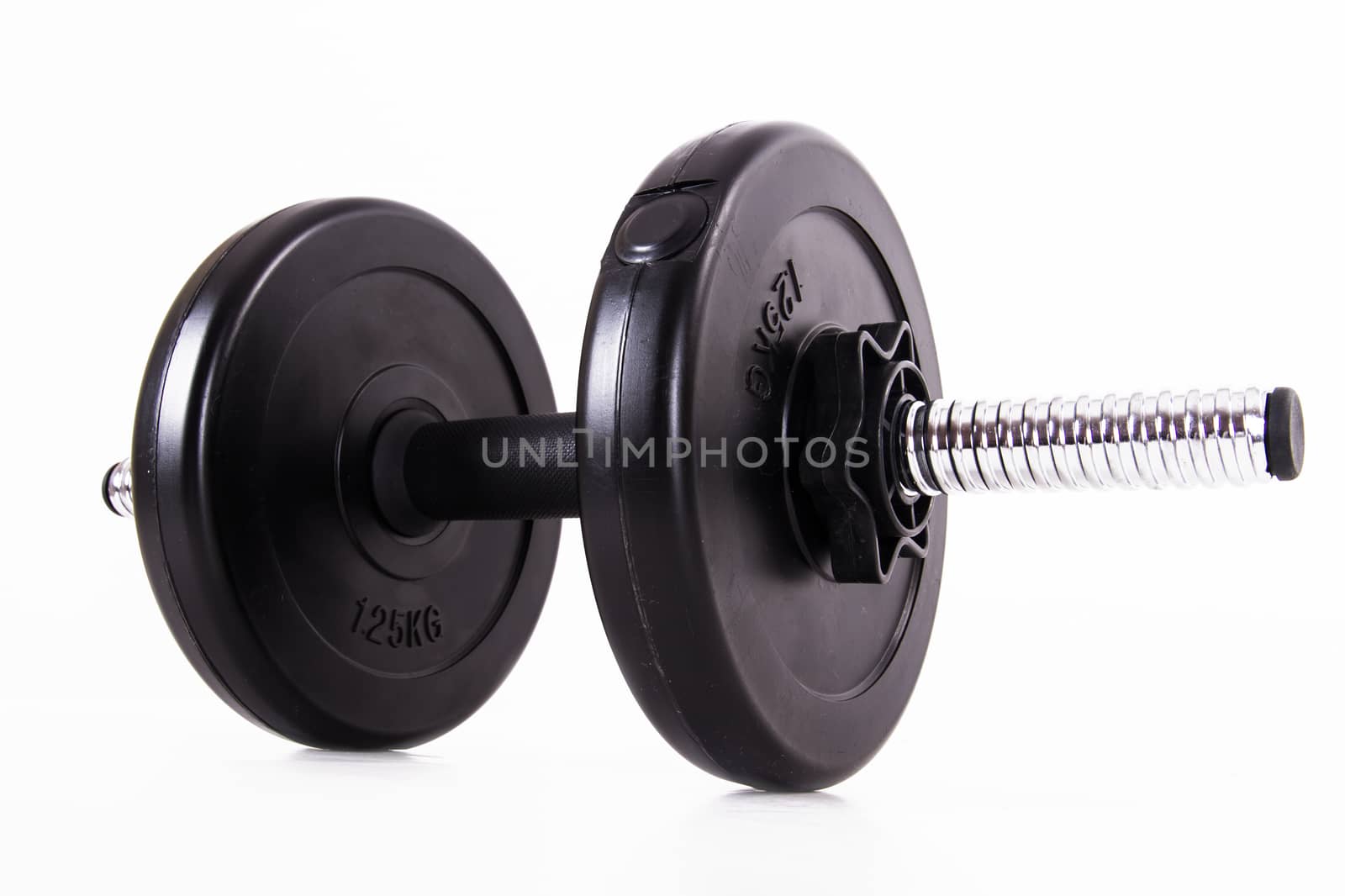 Single black gym barbell, dumbbell, isolated on white background.