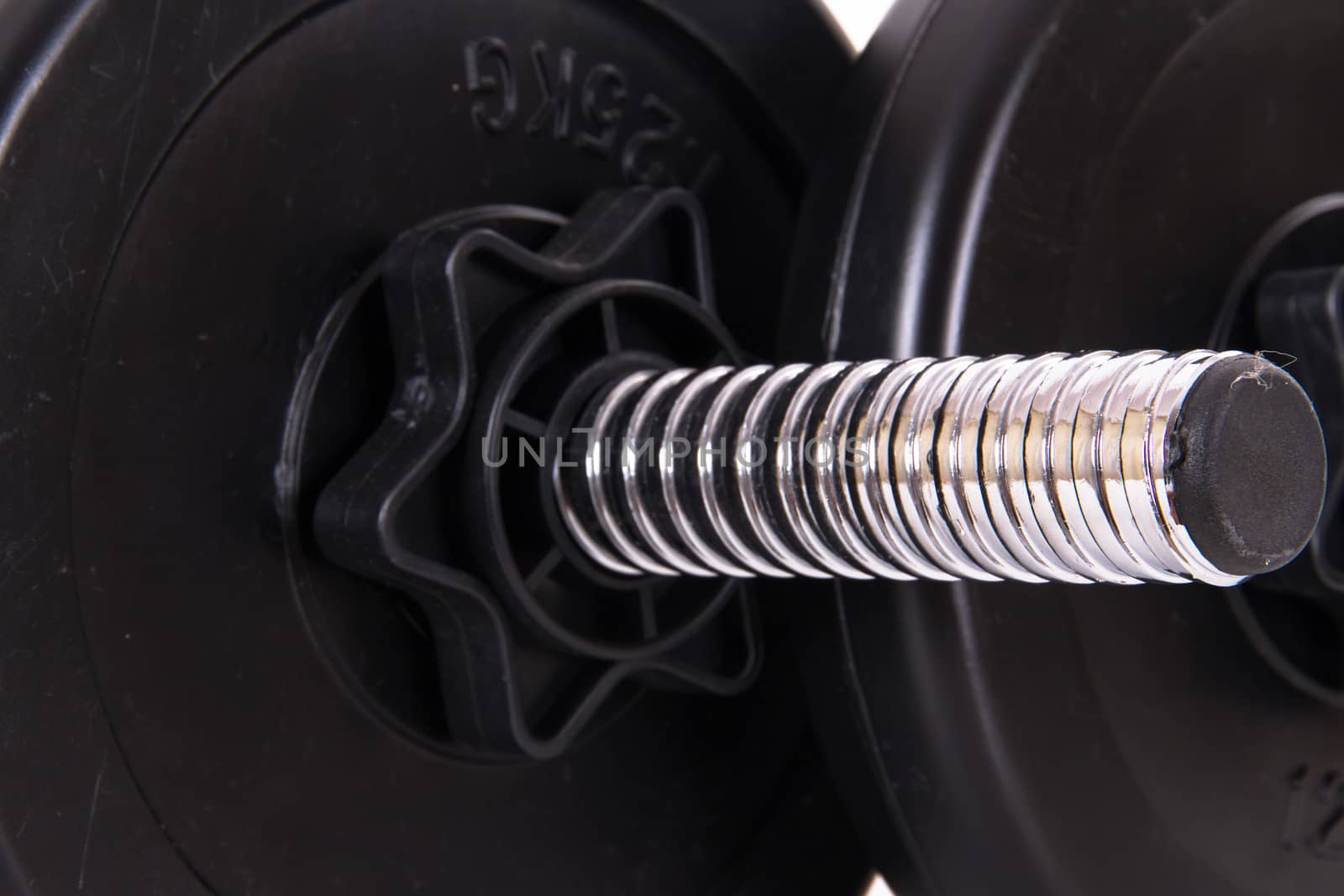 Close up view of single black gym barbell, dumbbell, isolated on white background.