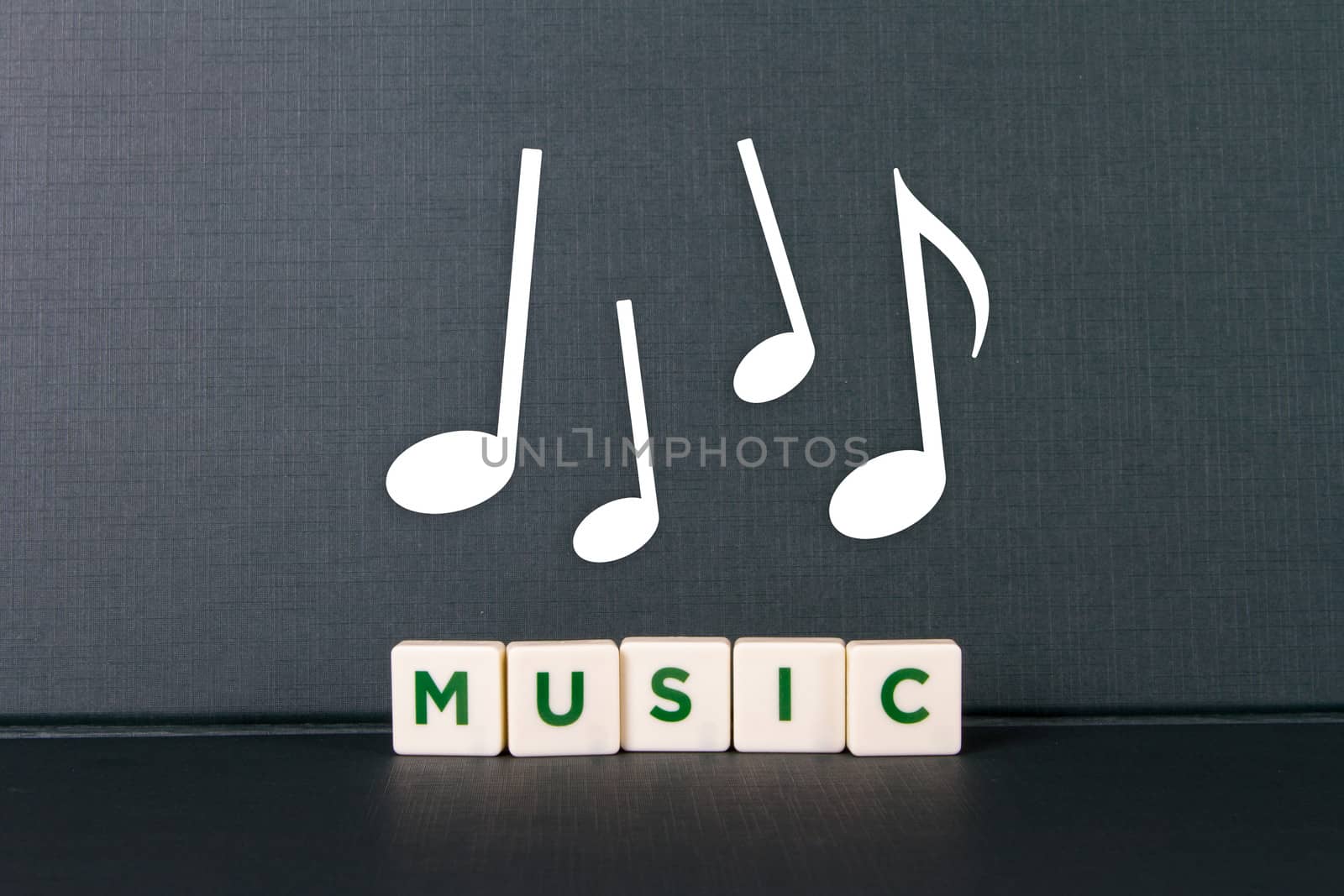 Music word in letters and notes of rhythm.