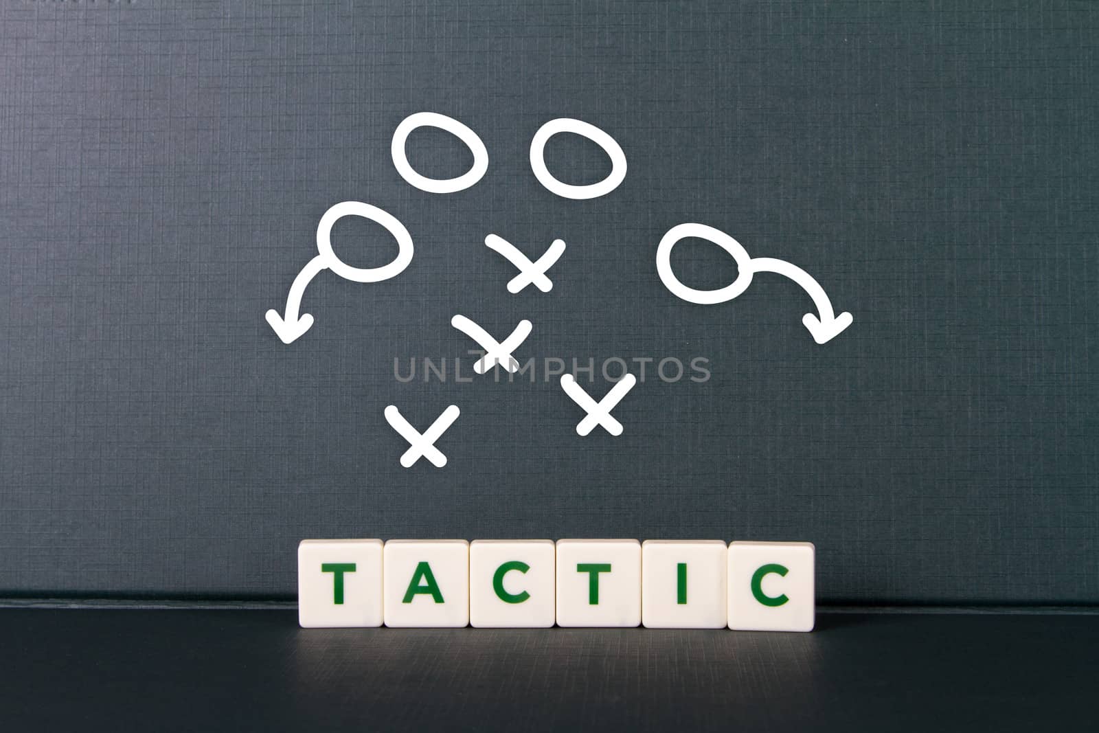 Tactic word in letters and sketch of tactics or positioning.