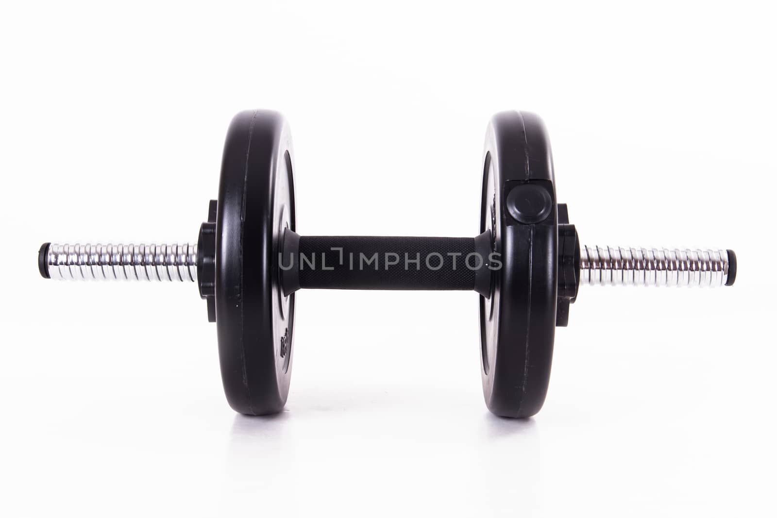 Front view of single black gym barbell, dumbbell, isolated on white background.