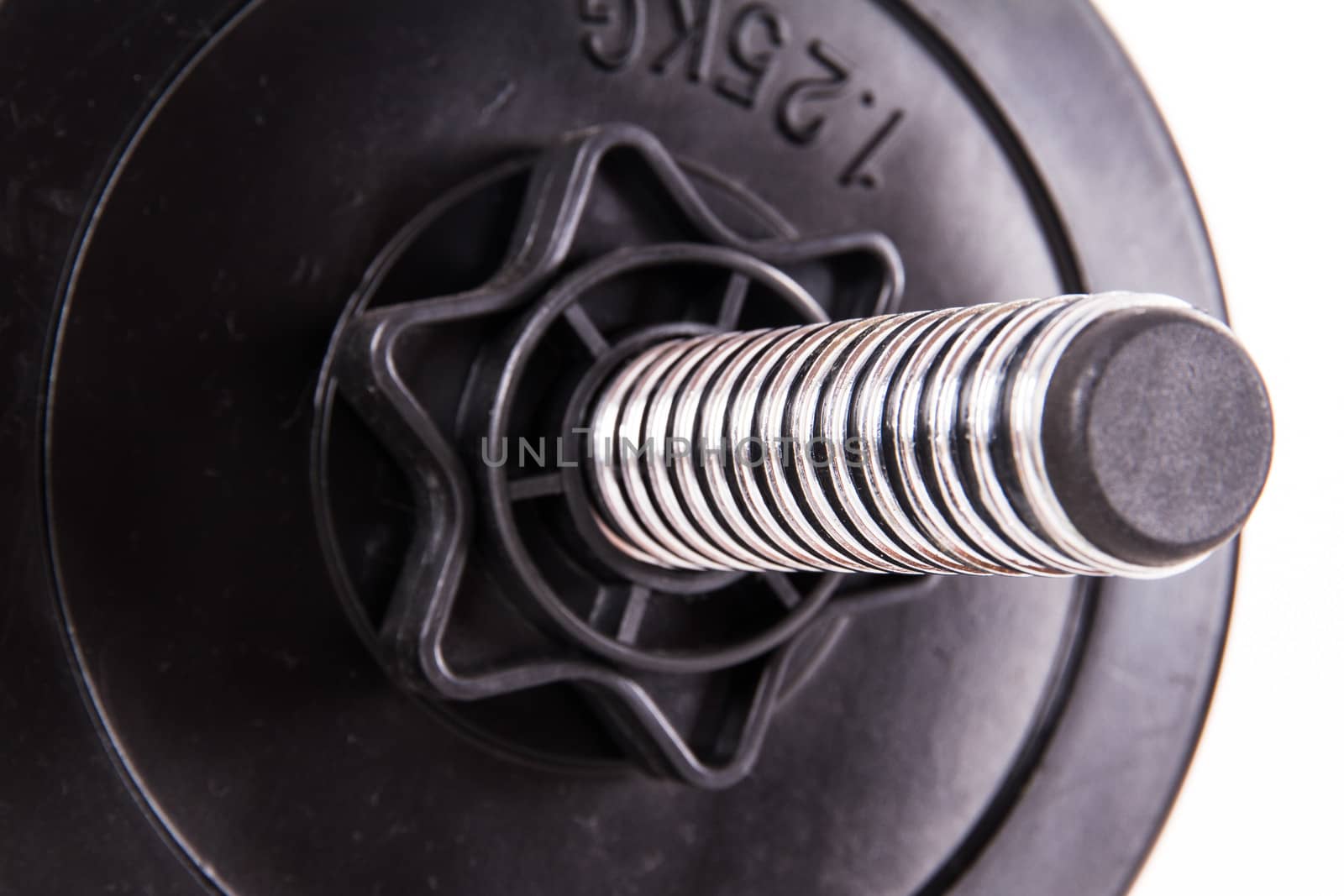 Black gym barbell, dumbbell with disks, isolated on white background.