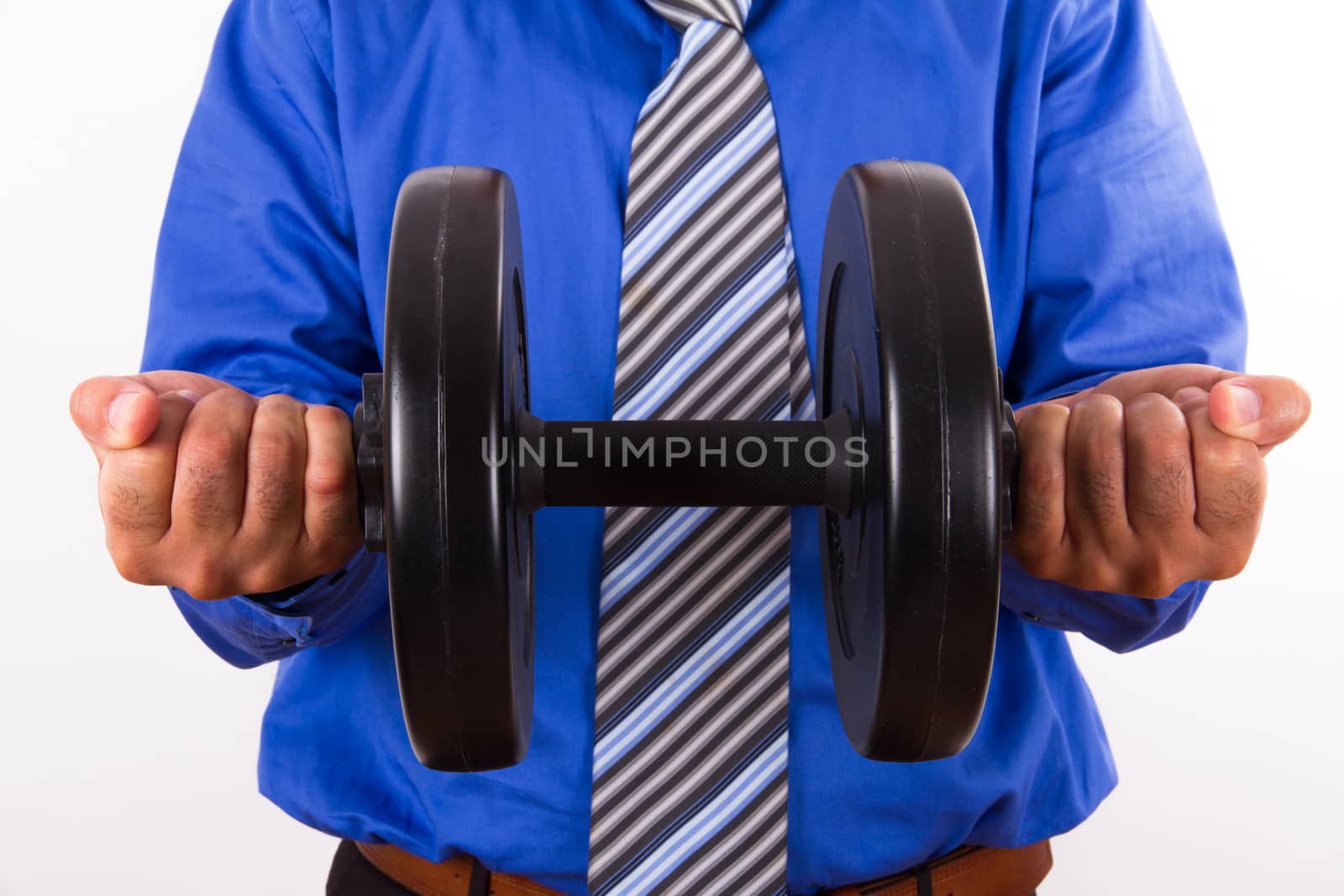 Strong businessman raising black dumbbell, isolated on white background.