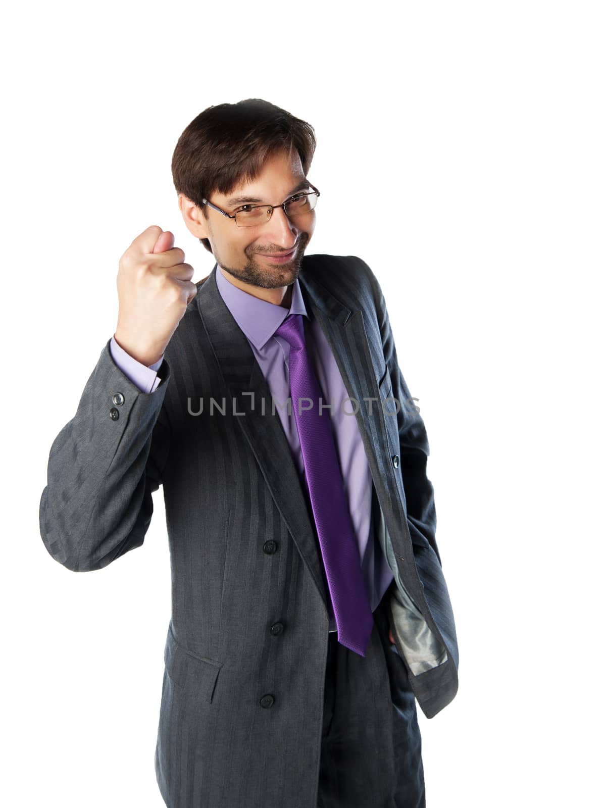 business man in glasses laughs and shows gesture Fig
