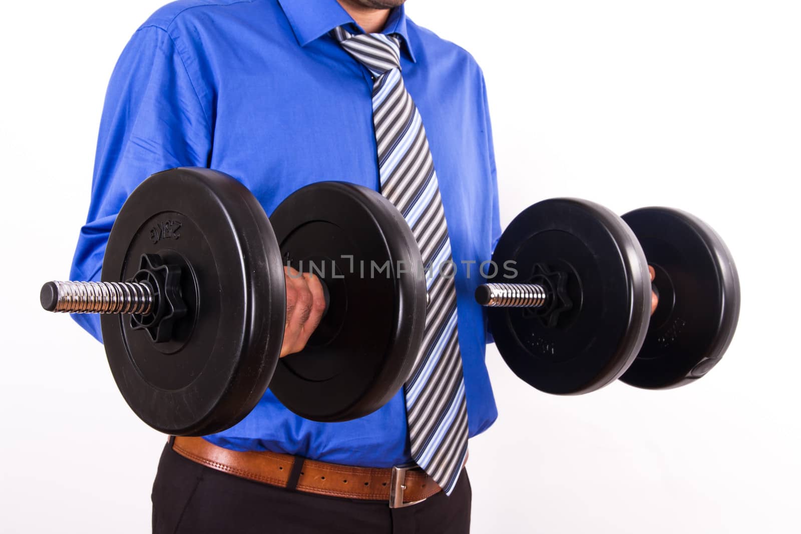 Strong businessman raising black dumbbells, isolated on white background.
