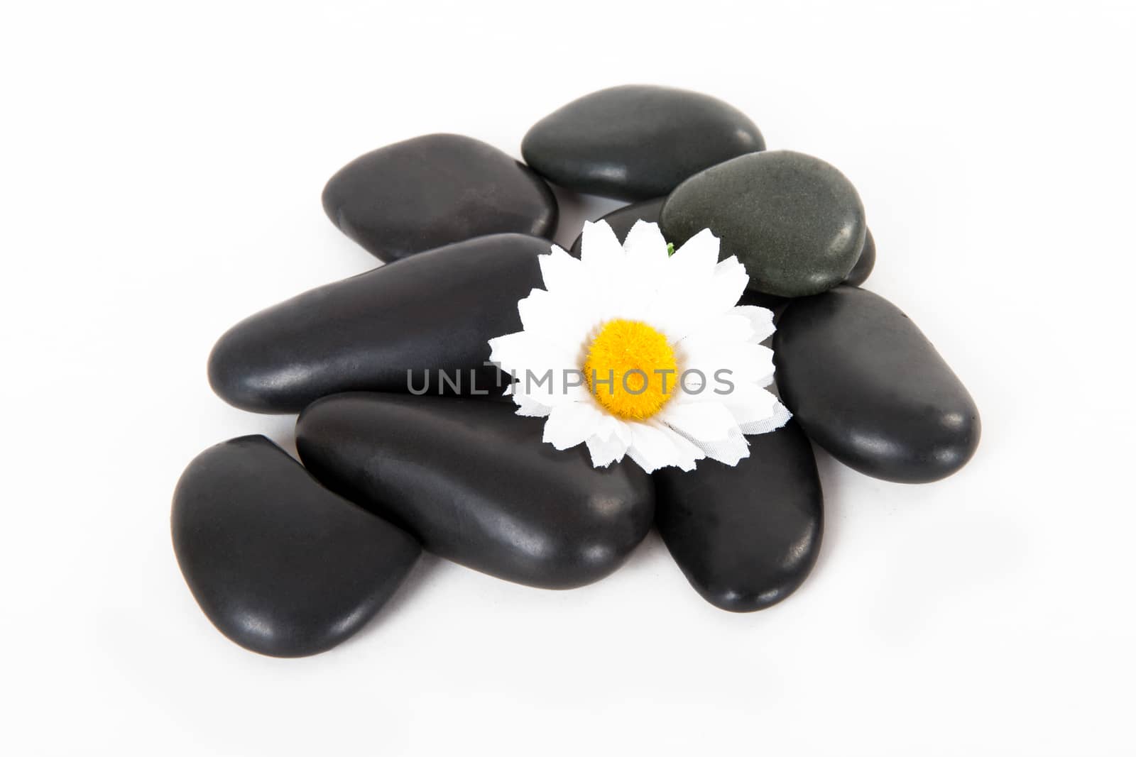 Black massage stones with flower, isolated on white background.