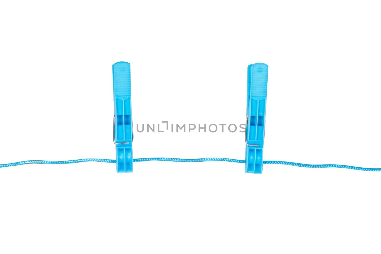 Couple of blue, plastic clothespin, isolated on white background.