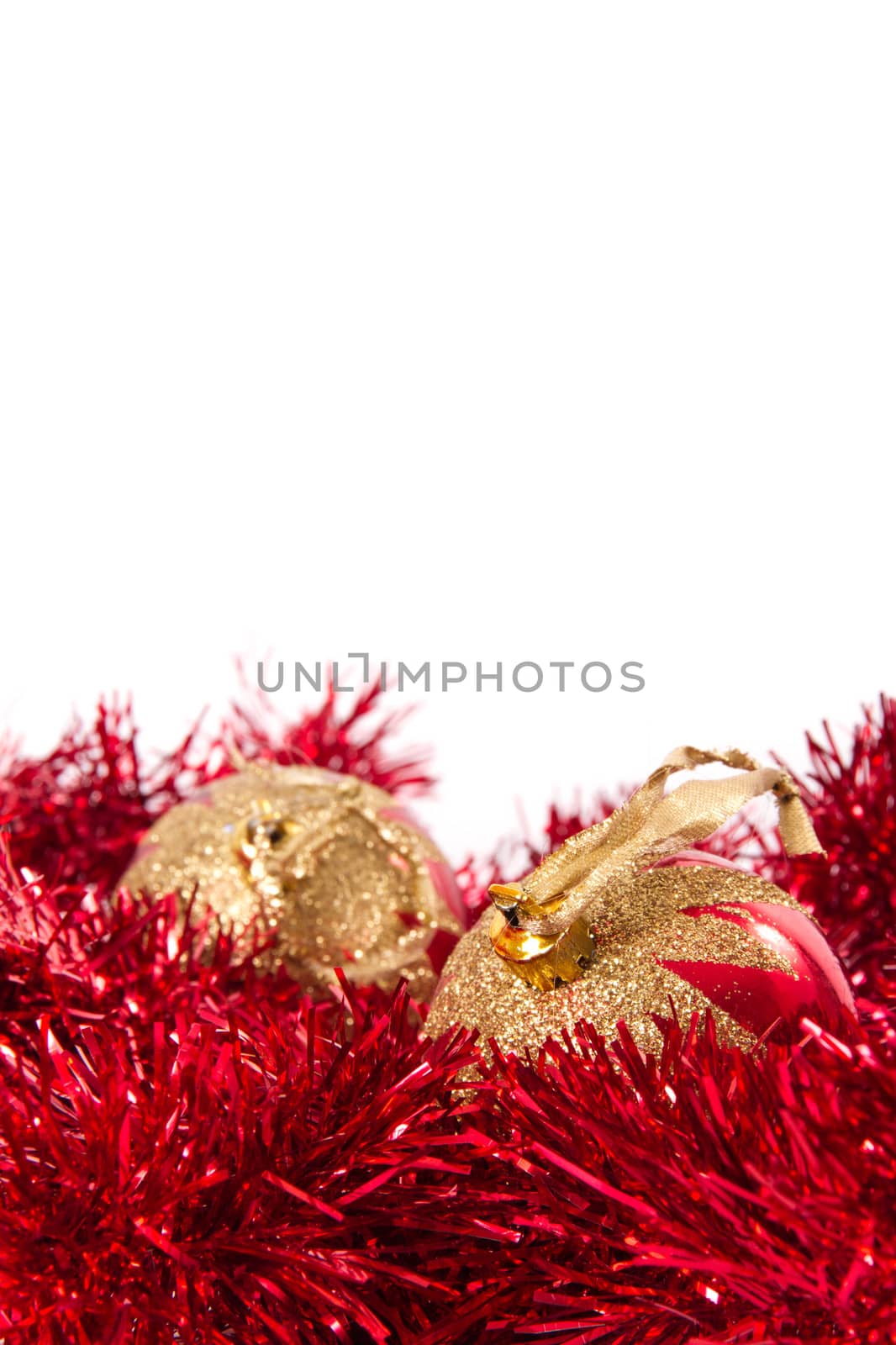 Christmas ornaments, balls space on top, isolated on white background.