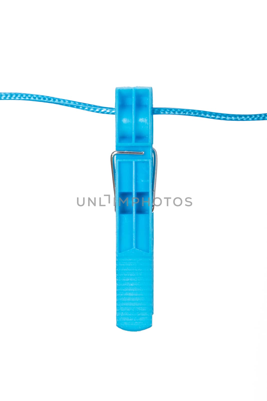 Single, blue, plastic clothespin on rope, isolated on white background.