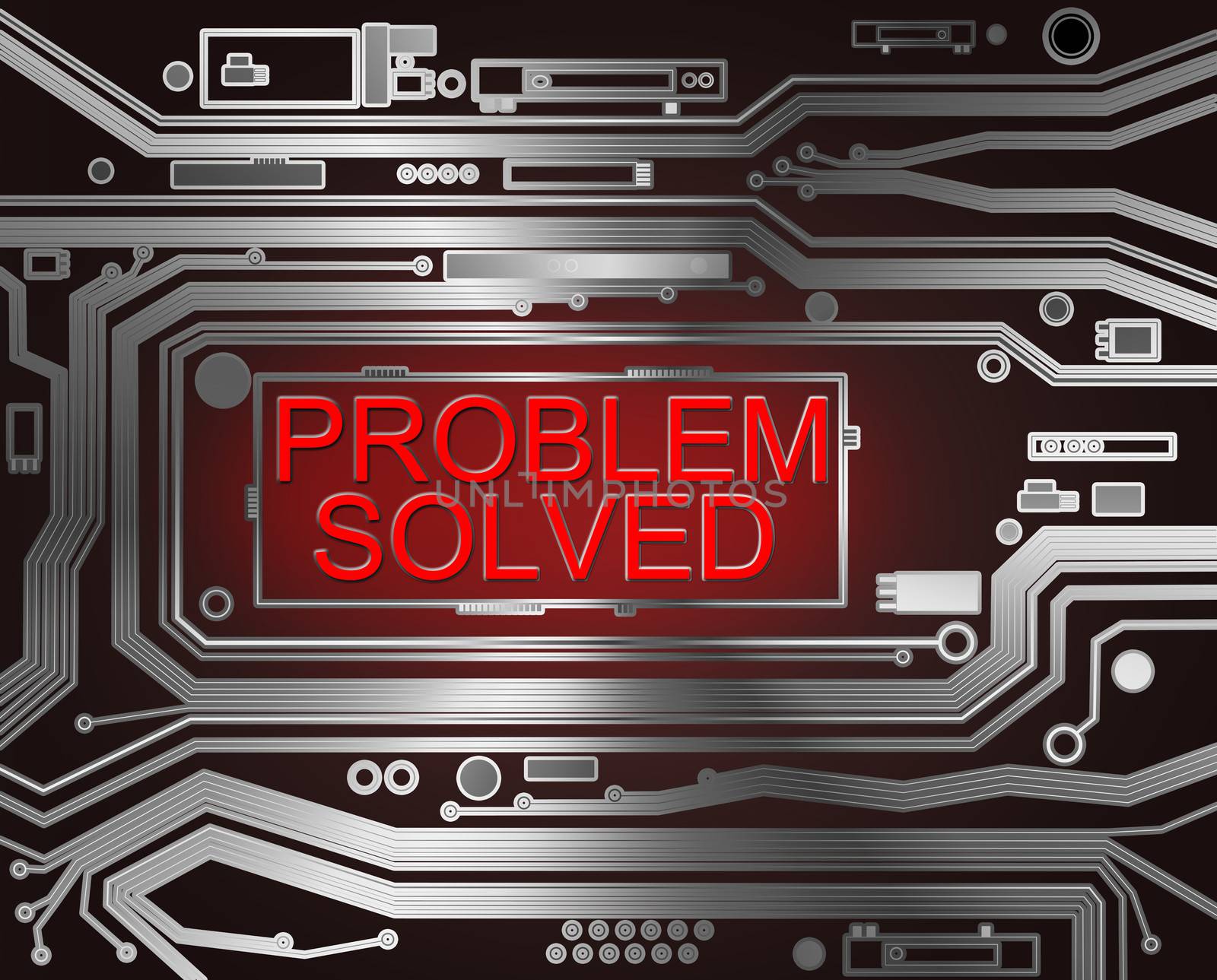 Abstract style illustration depicting printed circuit board components with a problem solved concept..