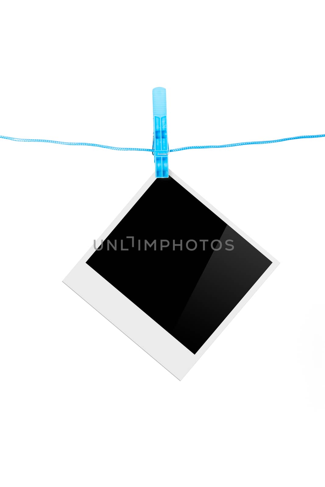 Single, black, blank photo frames on rope, isolated on white background.