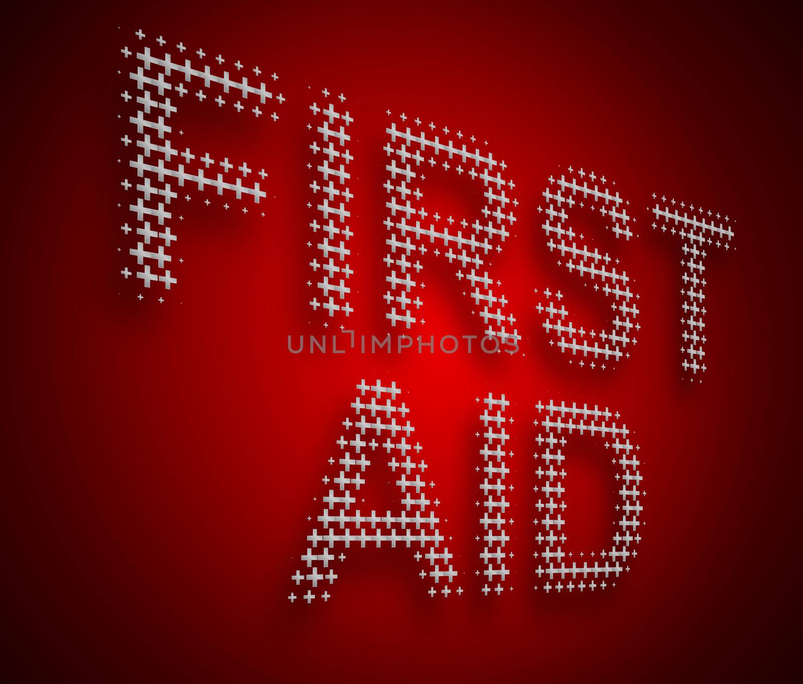 Illustration depicting many chrome cross symbols arranged to form the words First Aid