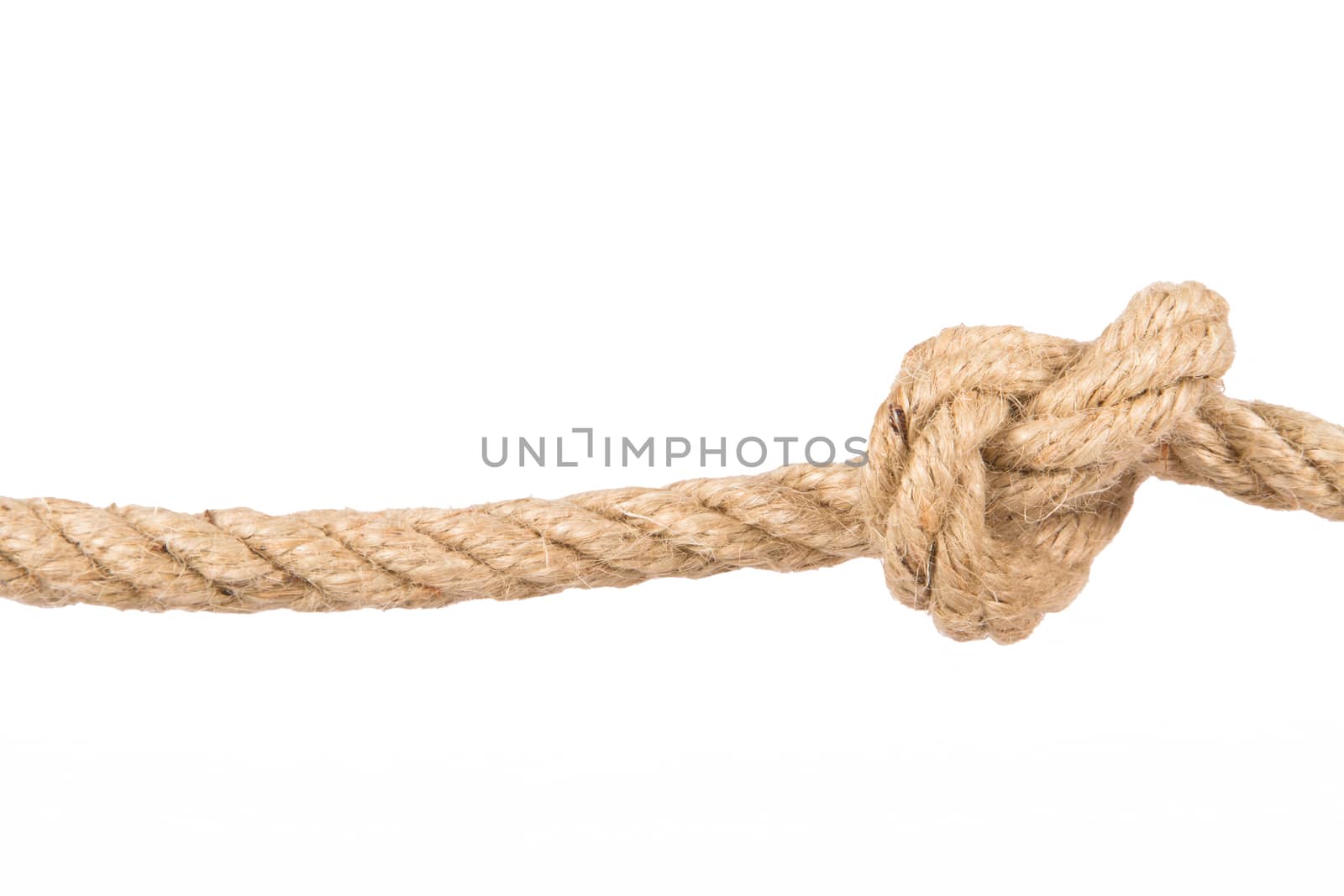 Close up shot of rope with knot, isolated on white background.