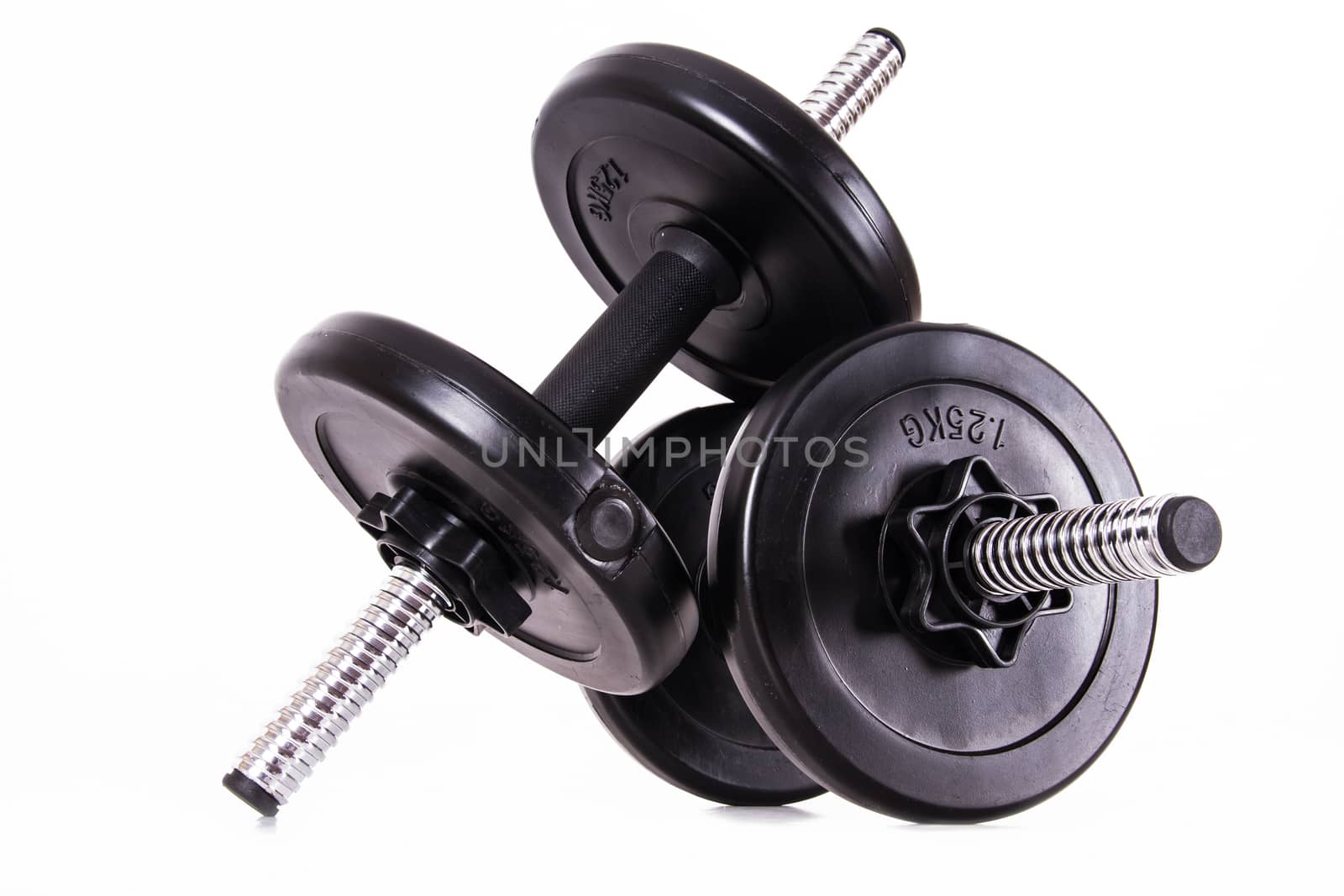 Black gym barbell, dumbbell with disks, isolated on white background.