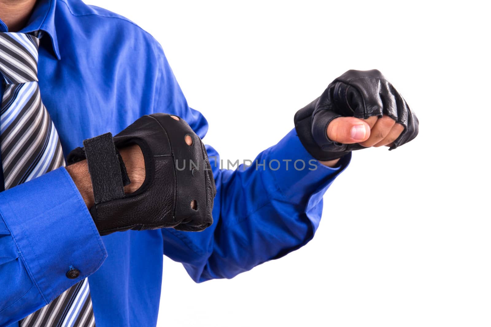 Businessman in sport gloves on white background.