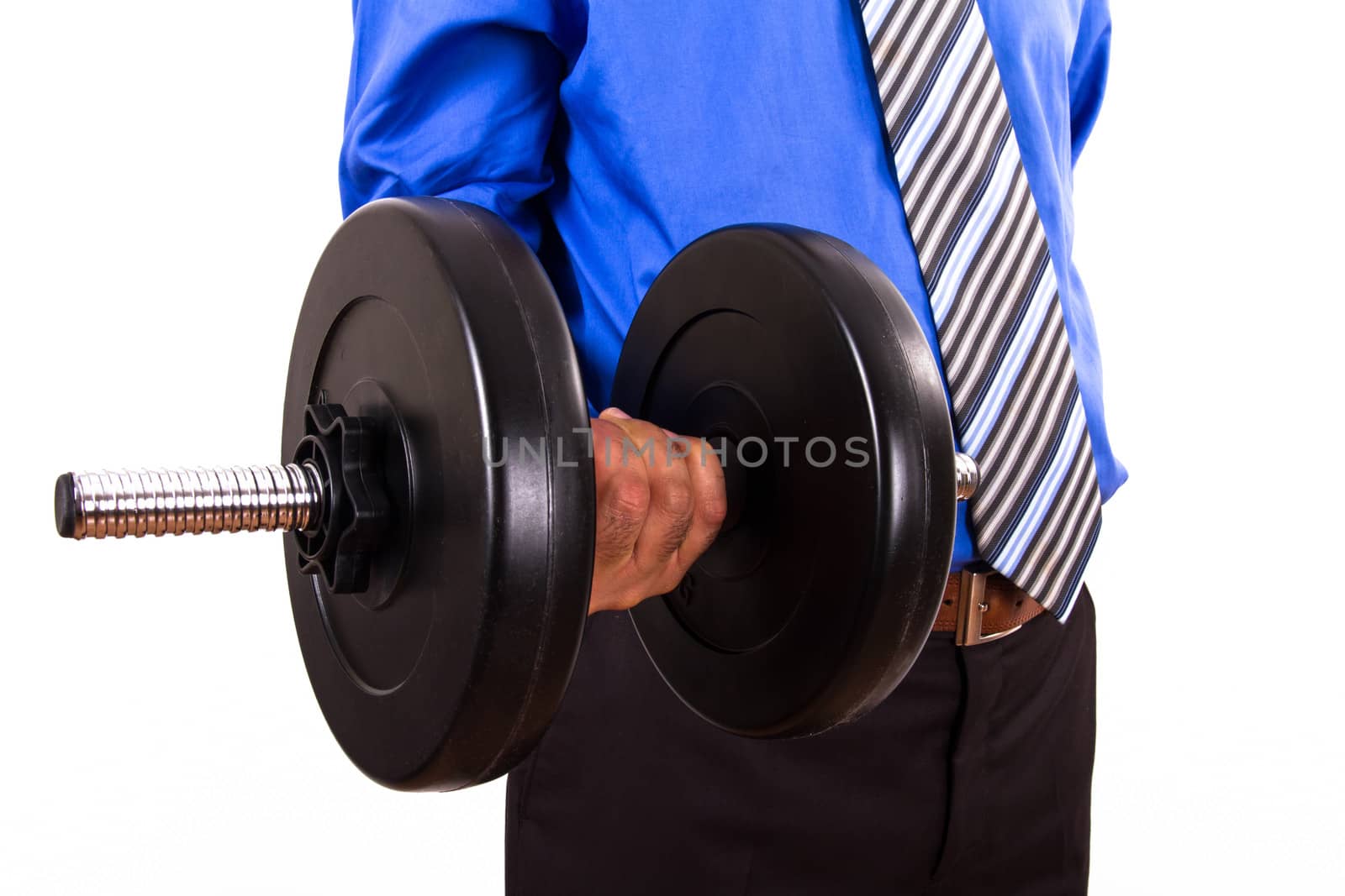 Businessman with dumbbell, isolated on white background.