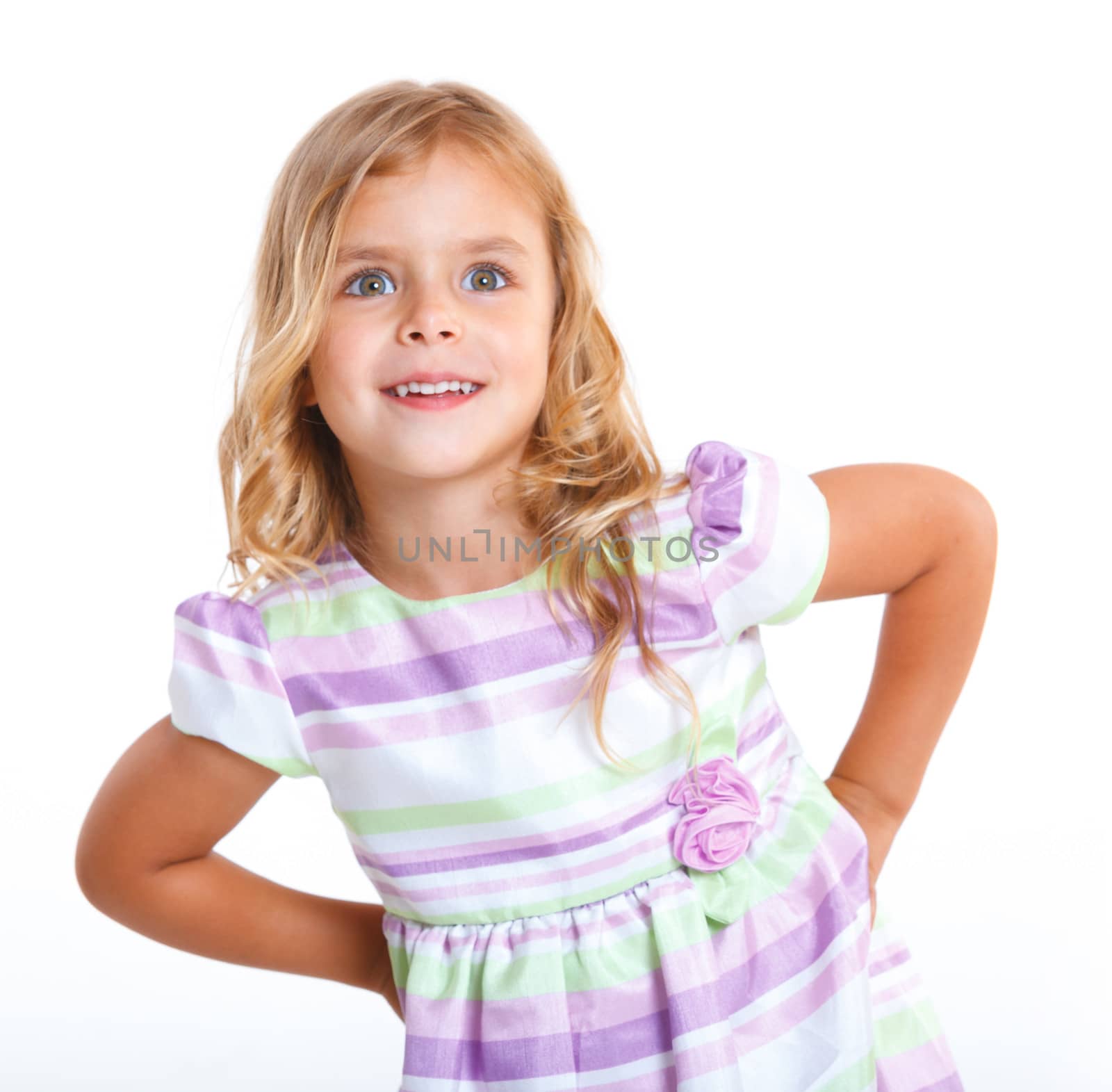 Portrait of beautiful little girl happy smiling on studio. Isolated white background