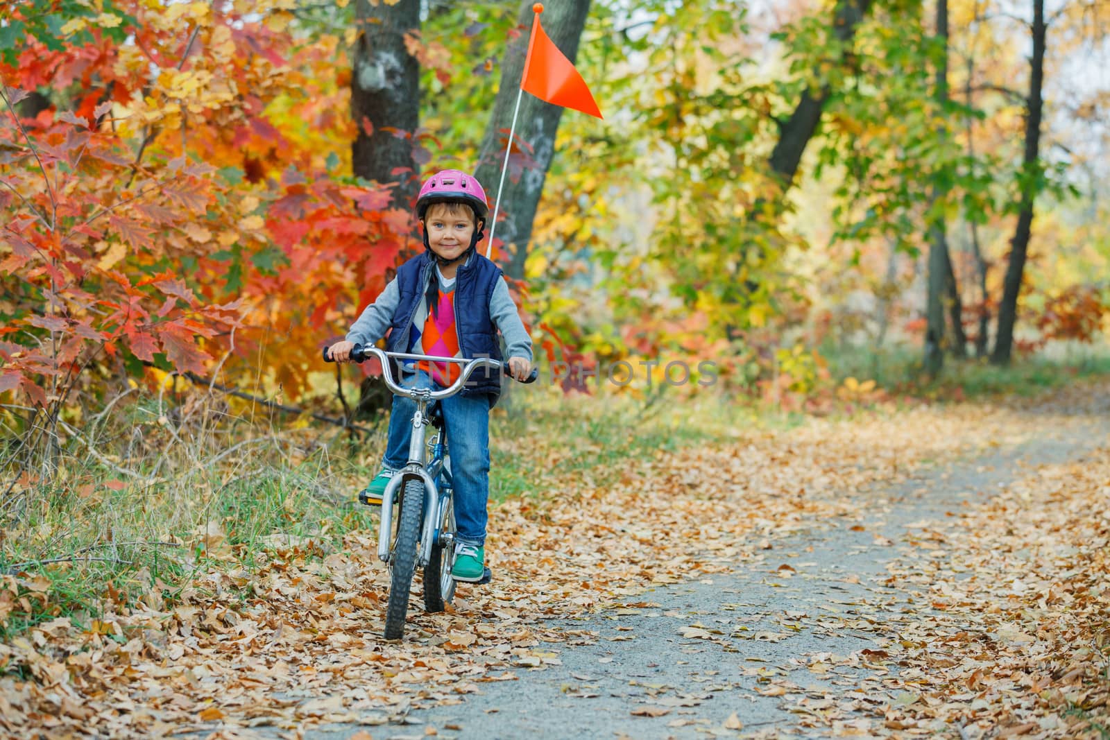 Cute little boy on bicycle in the autumn park.