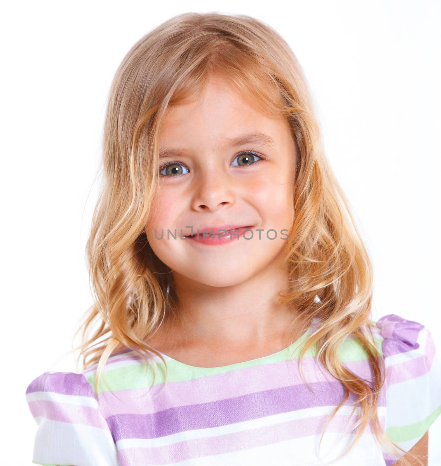 Portrait of beautiful little girl happy smiling on studio. Isolated white background