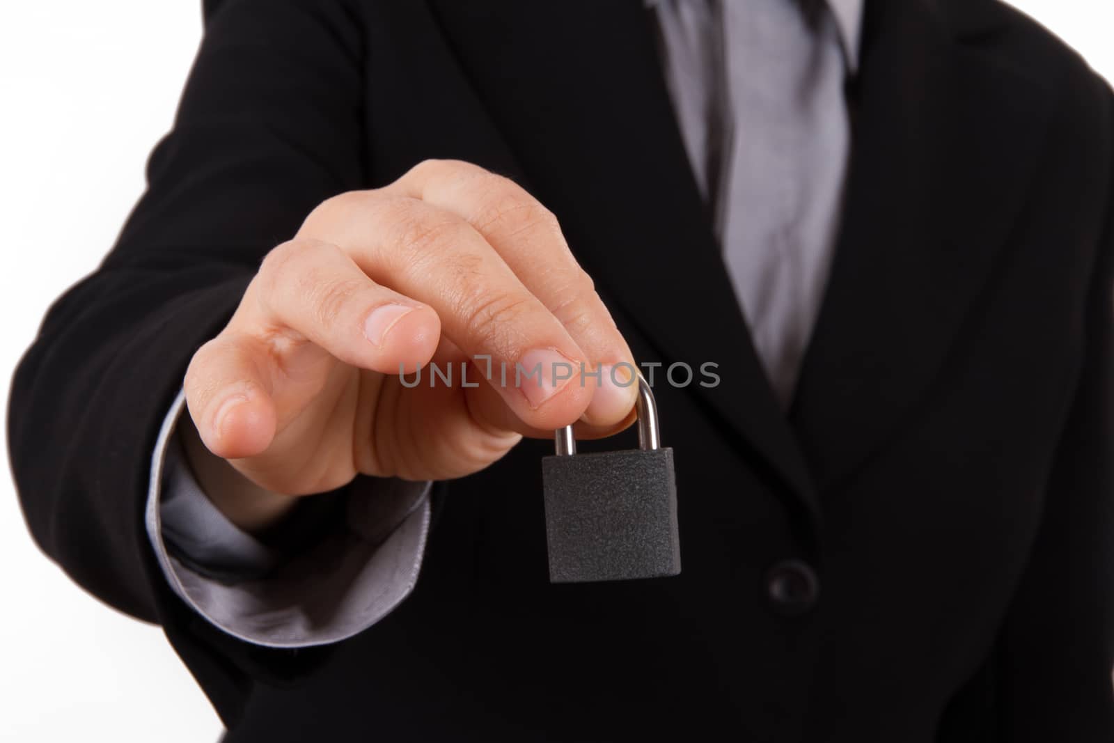 Business woman gives lock, isolated on white